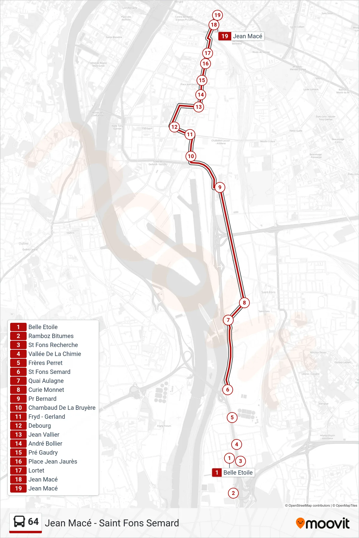 64 bus Line (Jean Macé) route and stops on a map