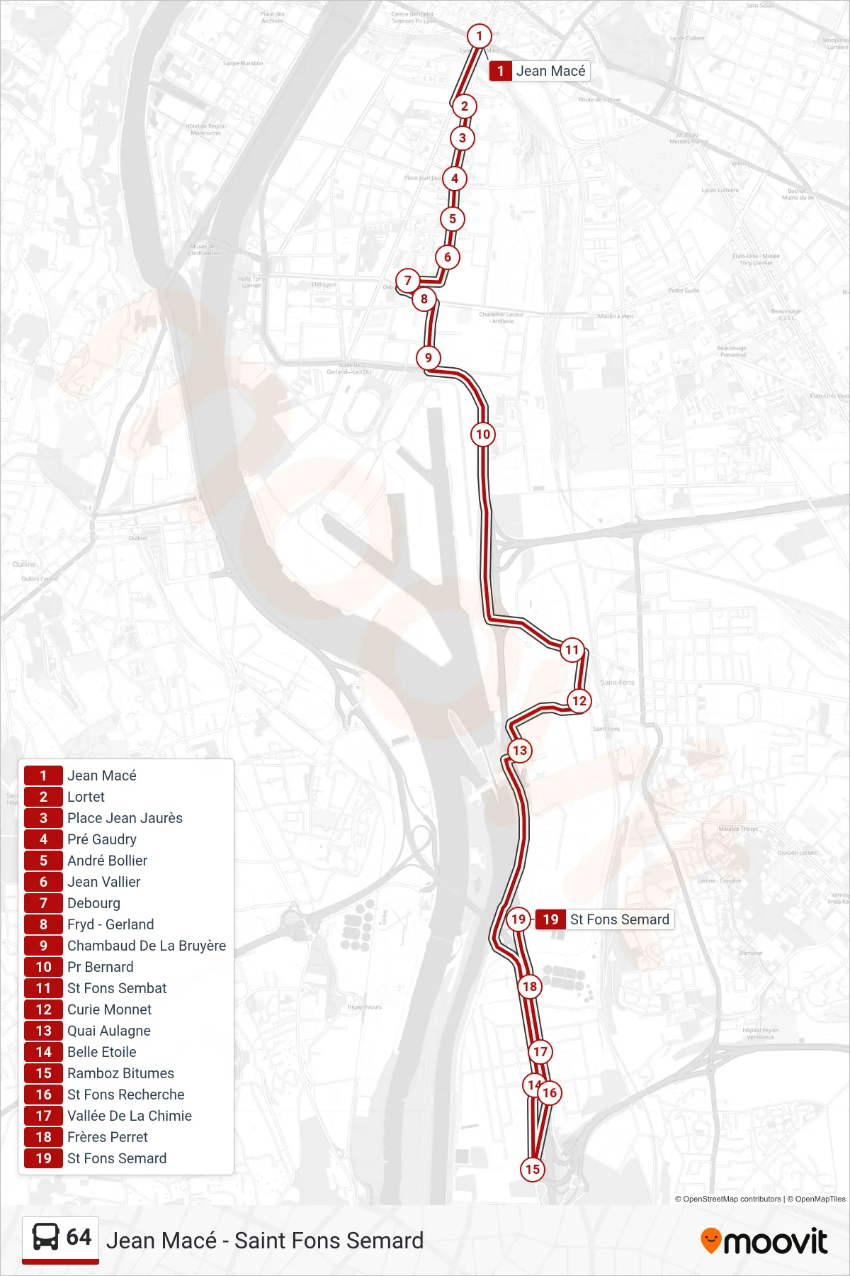 Tracé et arrêts de la ligne 64 de bus (St Fons Semard) sur une carte
