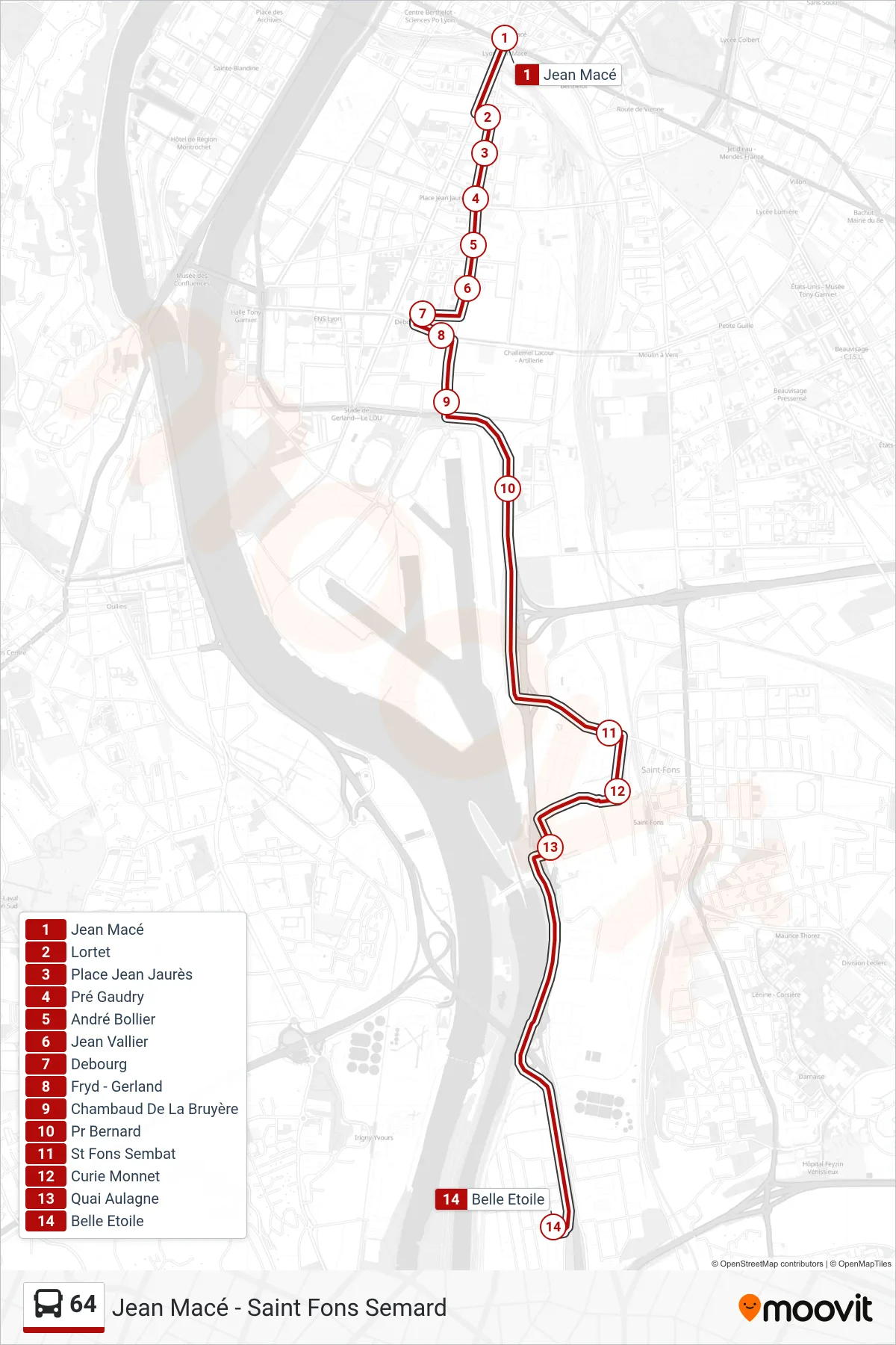 64 bus Line (Belle Etoile) route and stops on a map
