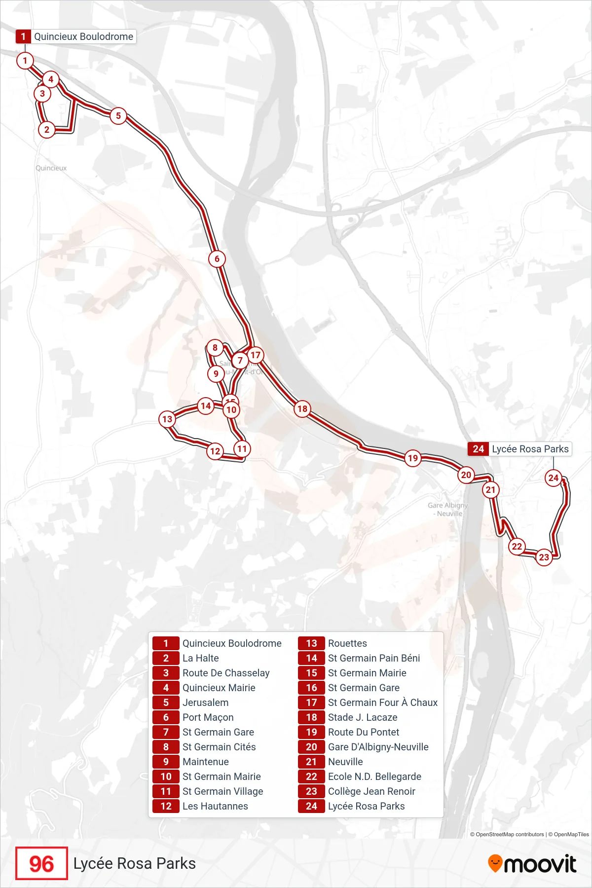 96 bus Line (Lycée Rosa Parks) route and stops on a map