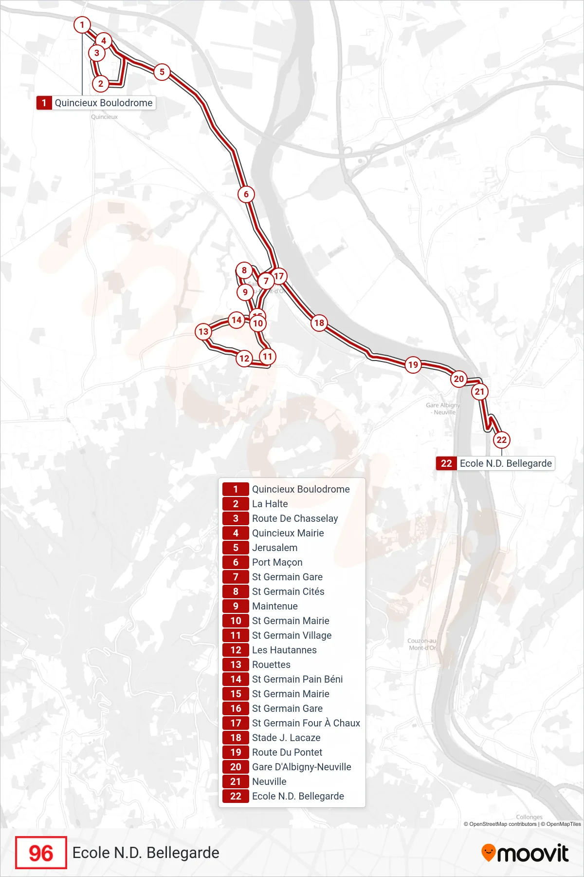 96 bus Line (Ecole N.D. Bellegarde) route and stops on a map