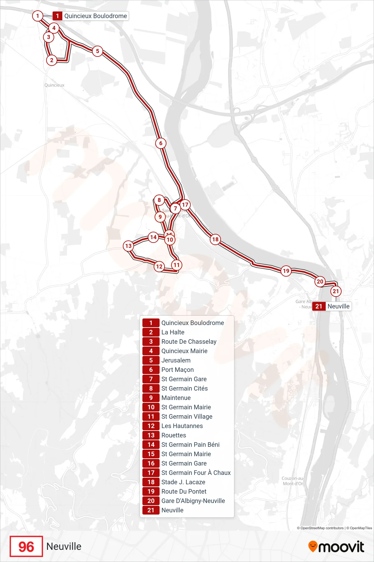 Tracé et arrêts de la ligne 96 de bus (Neuville) sur une carte