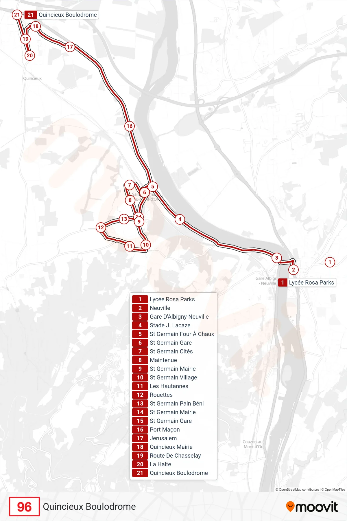 96 bus Line (Quincieux Boulodrome) route and stops on a map