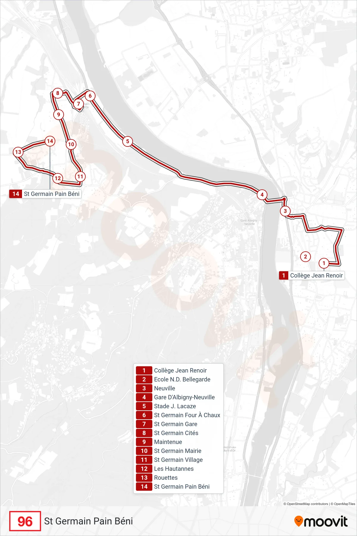 96 bus Line (St Germain Pain Béni) route and stops on a map