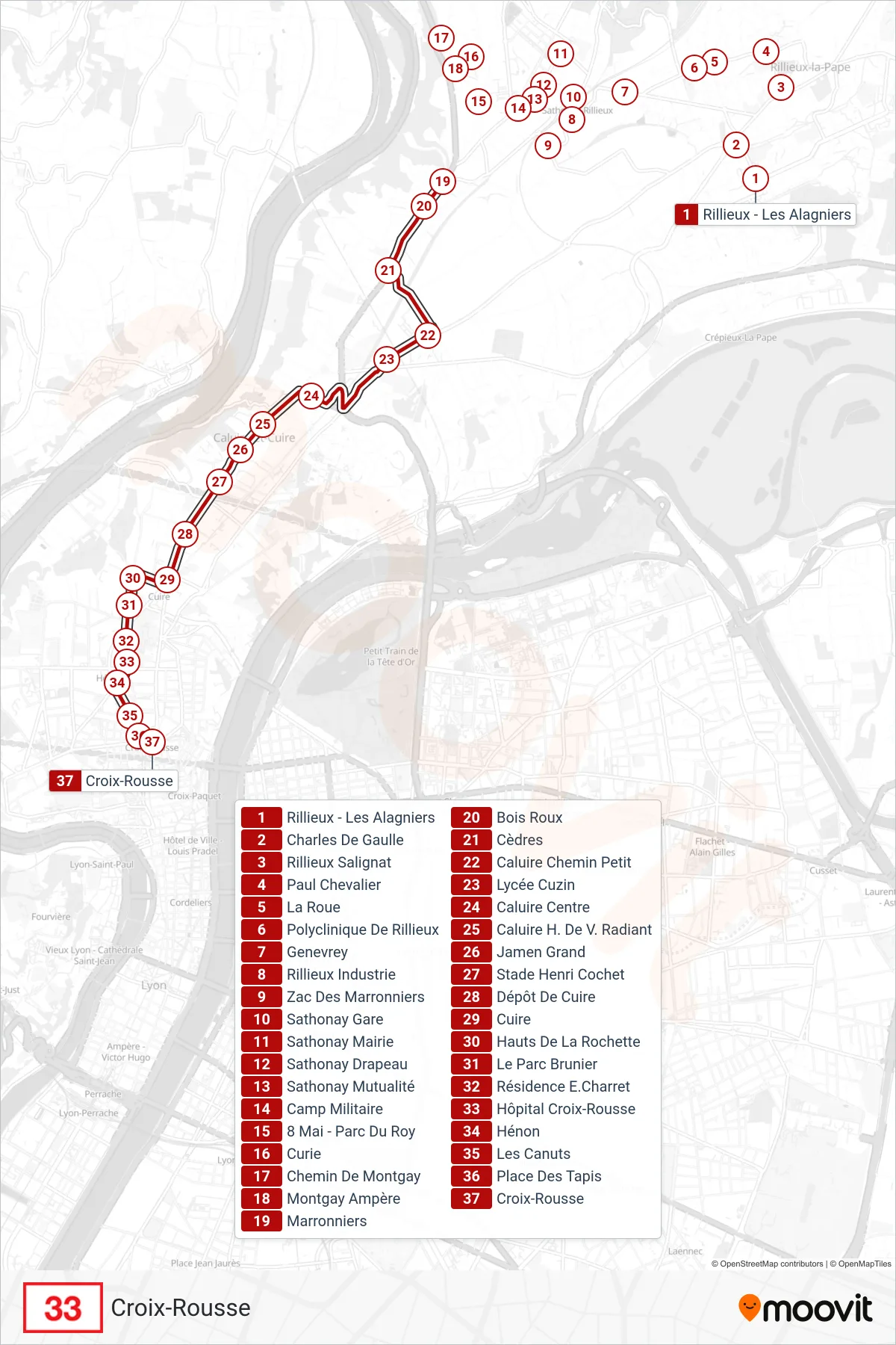 33 bus Line (Croix-Rousse) route and stops on a map
