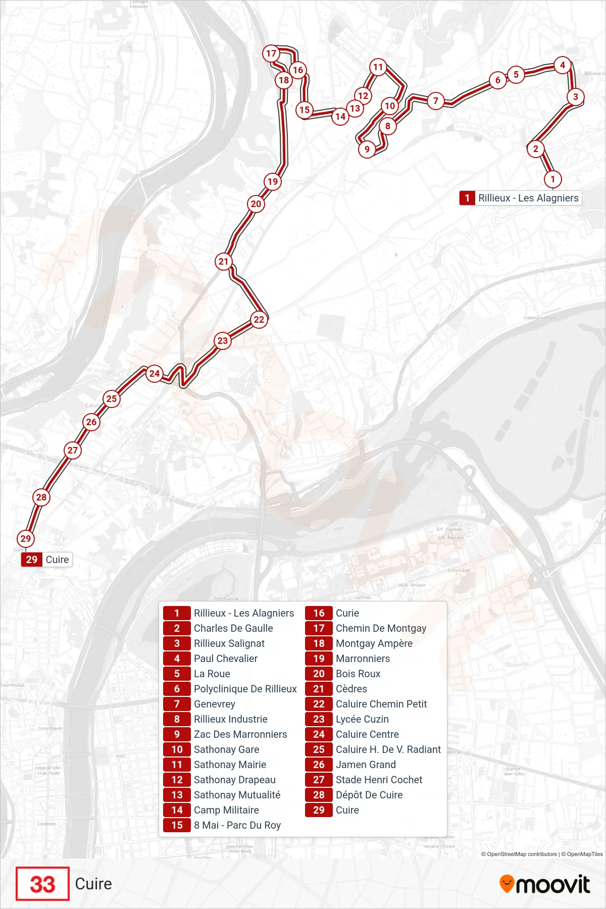33 bus Line (Cuire) route and stops on a map