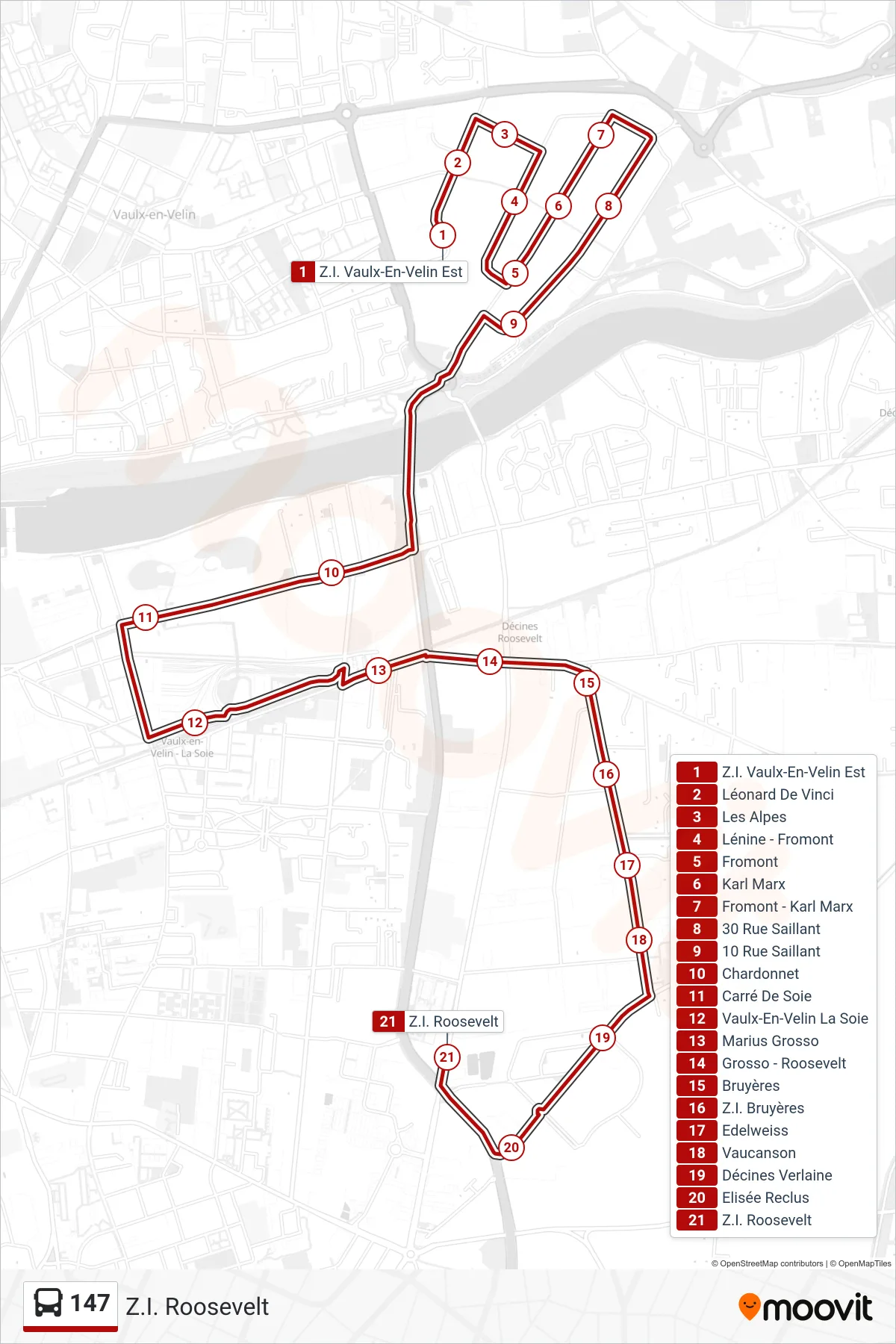 Tracé et arrêts de la ligne 147 de bus (Z.I. Roosevelt) sur une carte