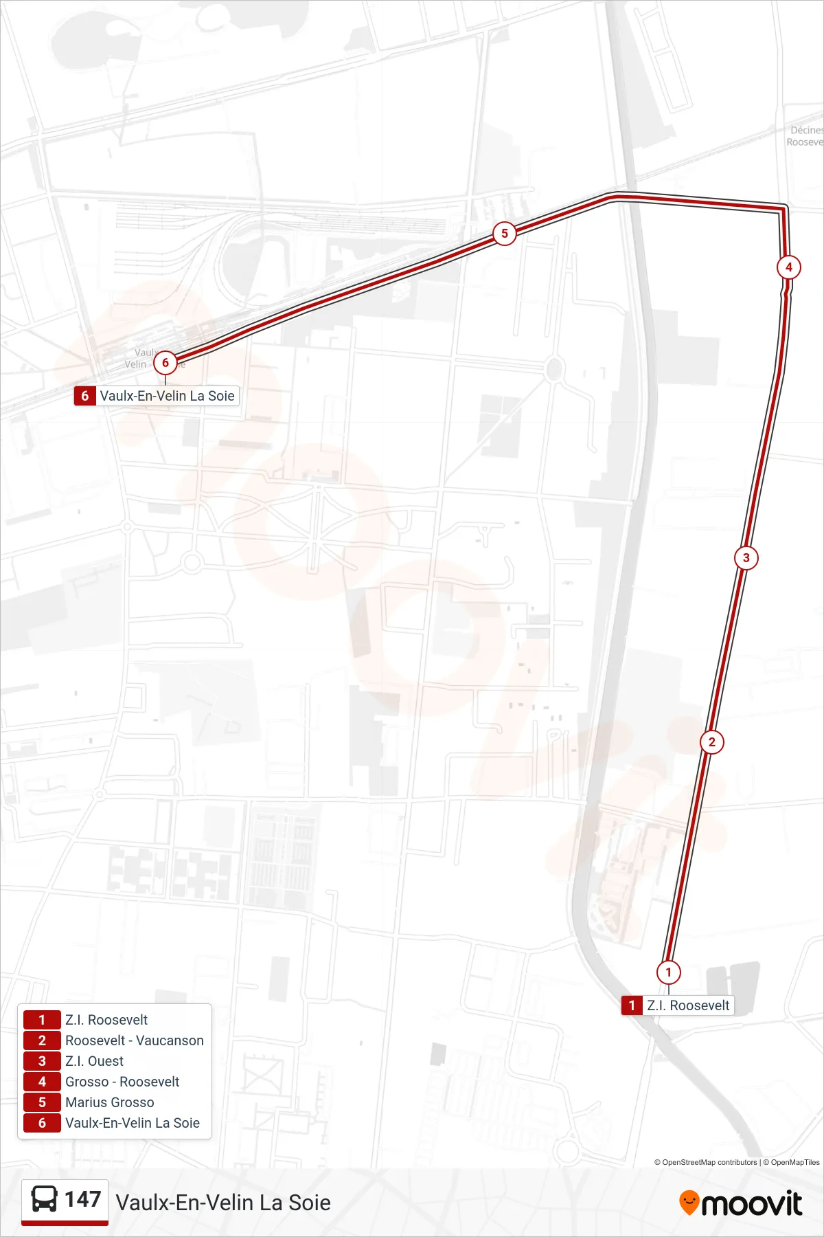 147 bus Line (Vaulx-En-Velin La Soie) route and stops on a map