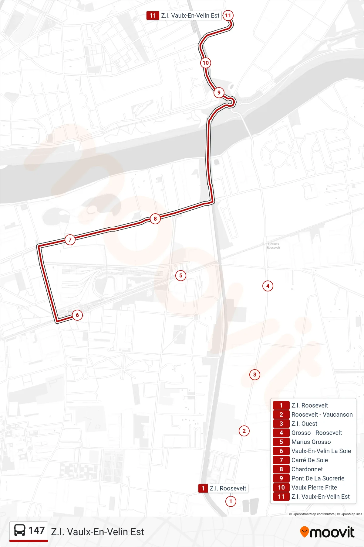 147 bus Line (Z.I. Vaulx-En-Velin Est) route and stops on a map