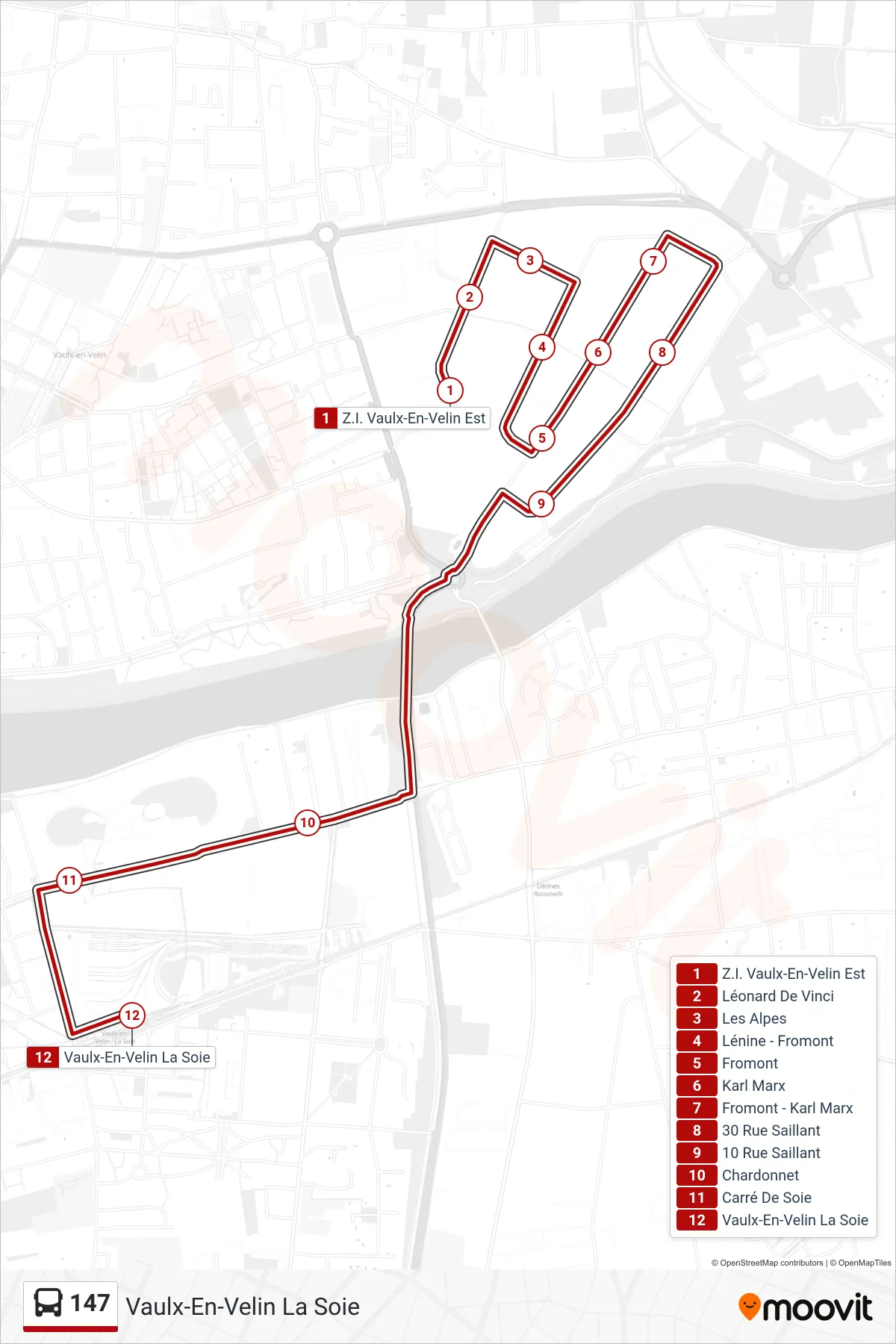 147 bus Line (Vaulx-En-Velin La Soie) route and stops on a map