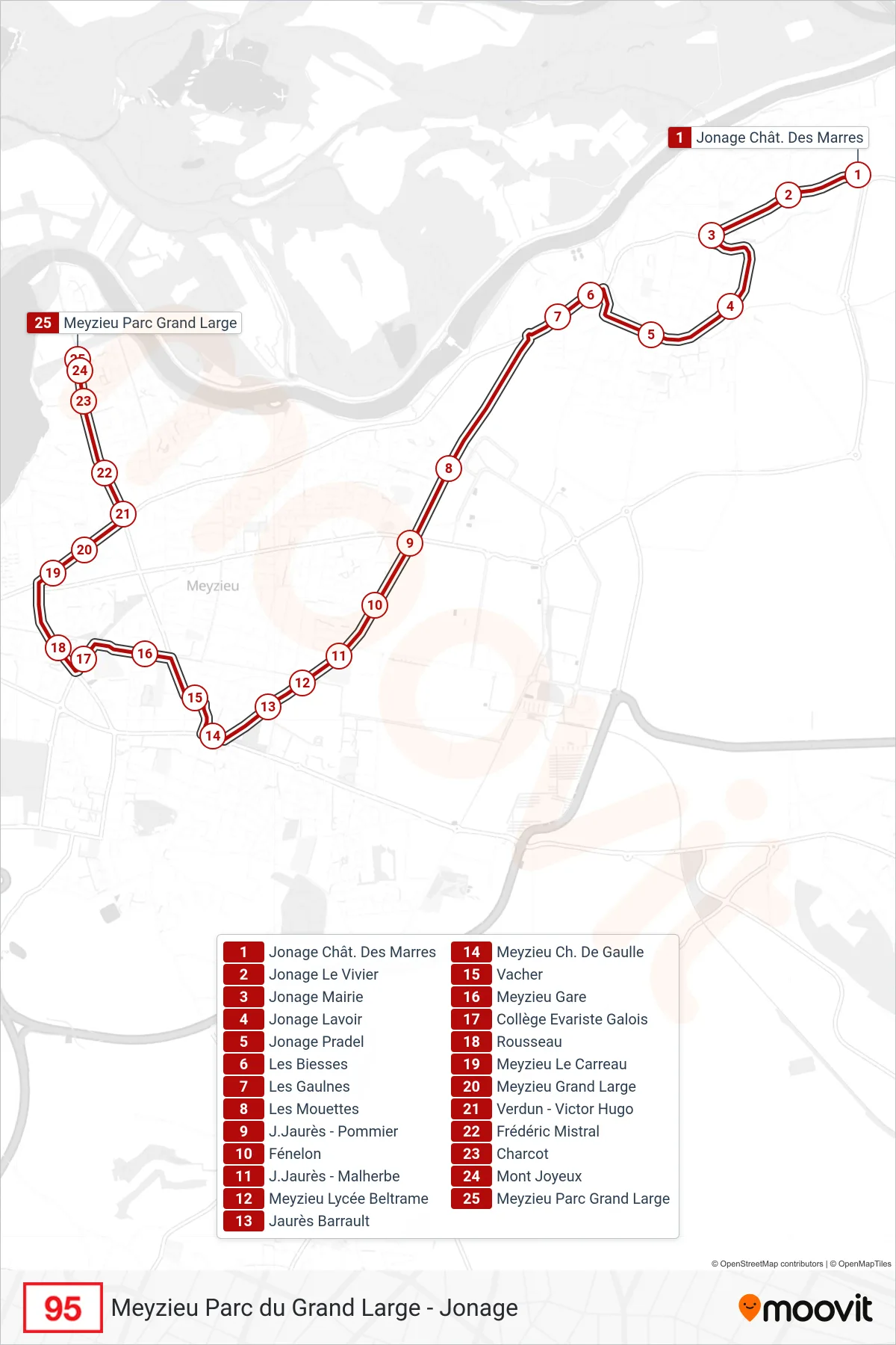 95 bus Line (Meyzieu Parc Grand Large) route and stops on a map