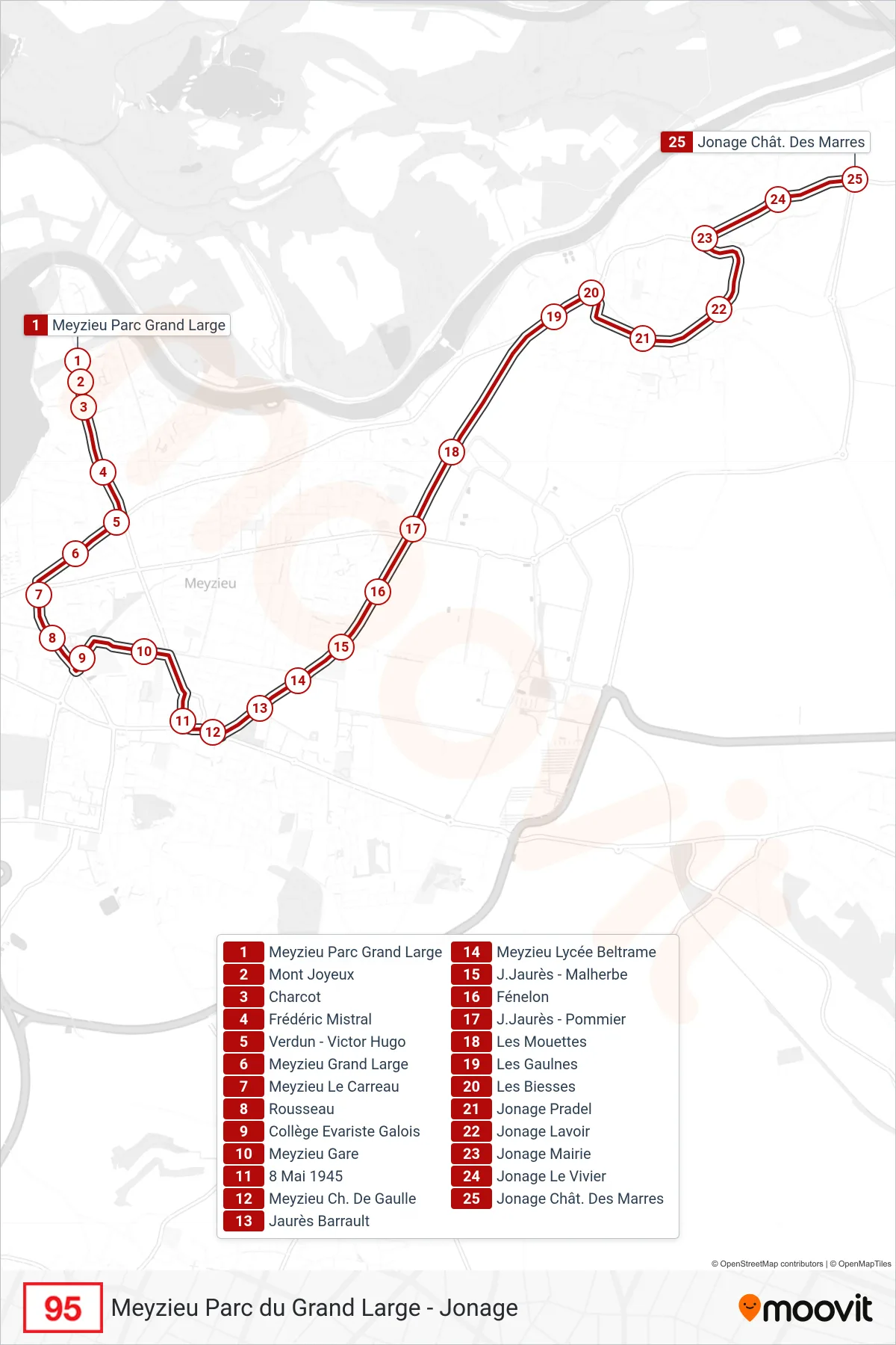 Tracé et arrêts de la ligne 95 de bus (Jonage Chât. Des Marres) sur une carte