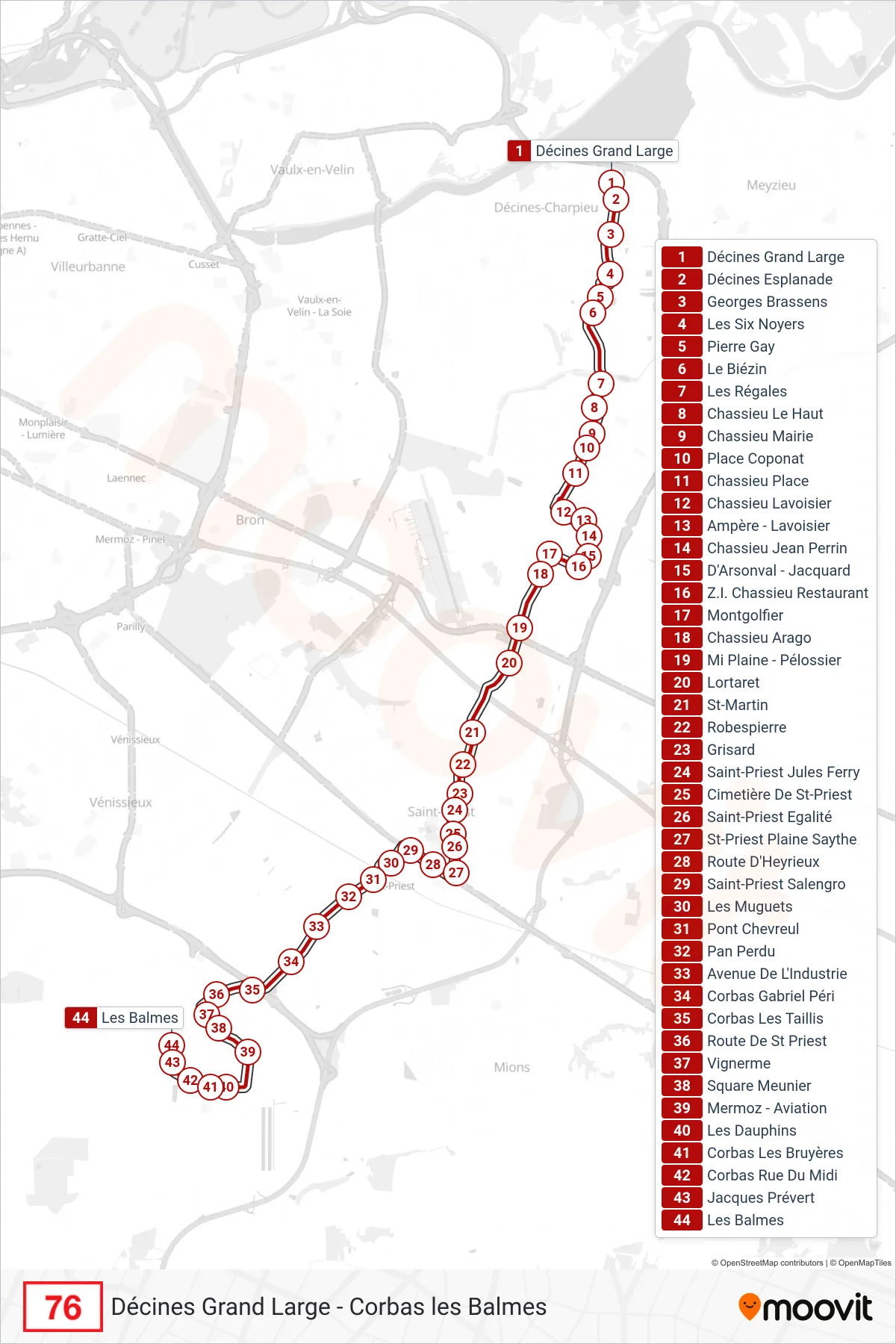 Tracé et arrêts de la ligne 76 de bus (Les Balmes) sur une carte