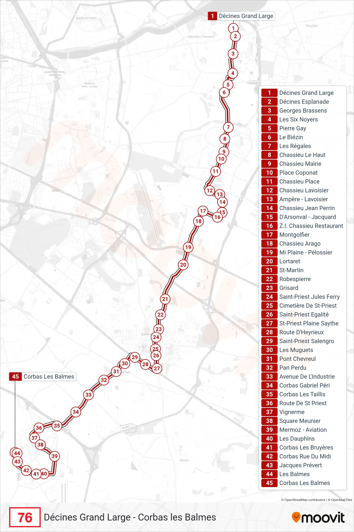 76 bus Line (Corbas Les Balmes) route and stops on a map