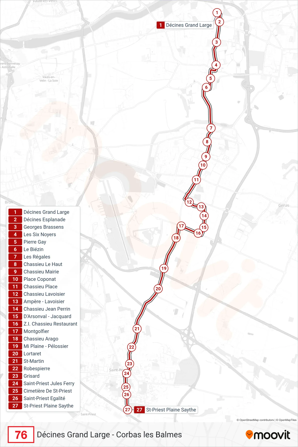 Tracé et arrêts de la ligne 76 de bus (St-Priest Plaine Saythe) sur une carte