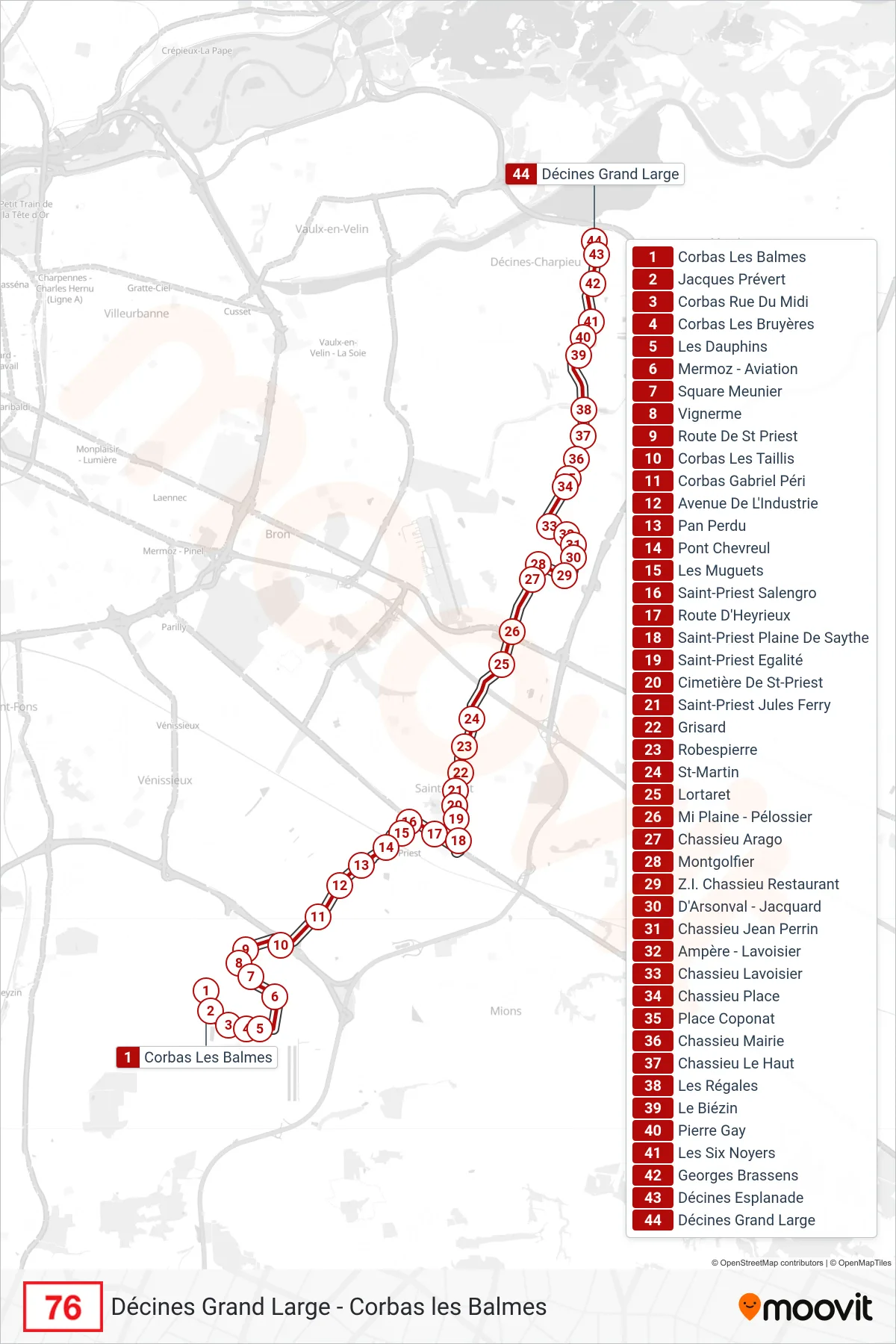 76 bus Line (Décines Grand Large) route and stops on a map