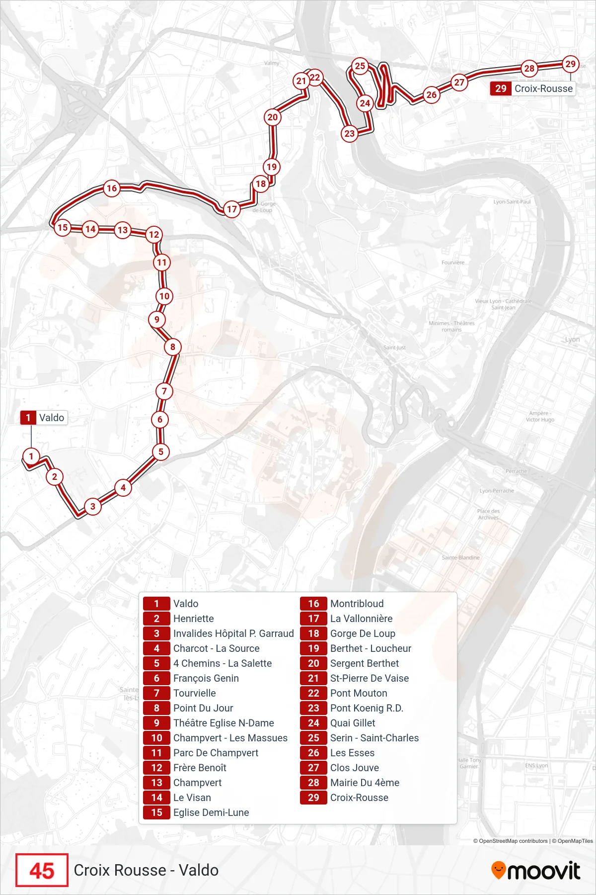 Tracé et arrêts de la ligne 45 de bus (Croix-Rousse) sur une carte