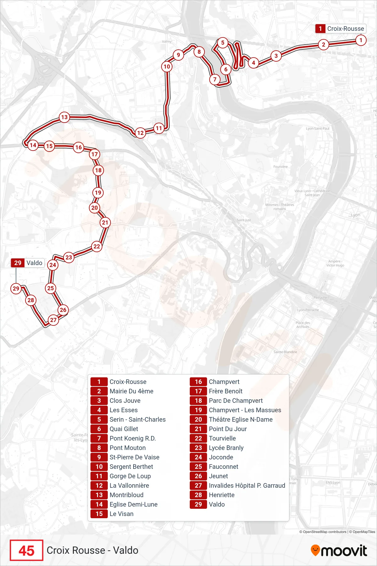 45 bus Line (Valdo) route and stops on a map
