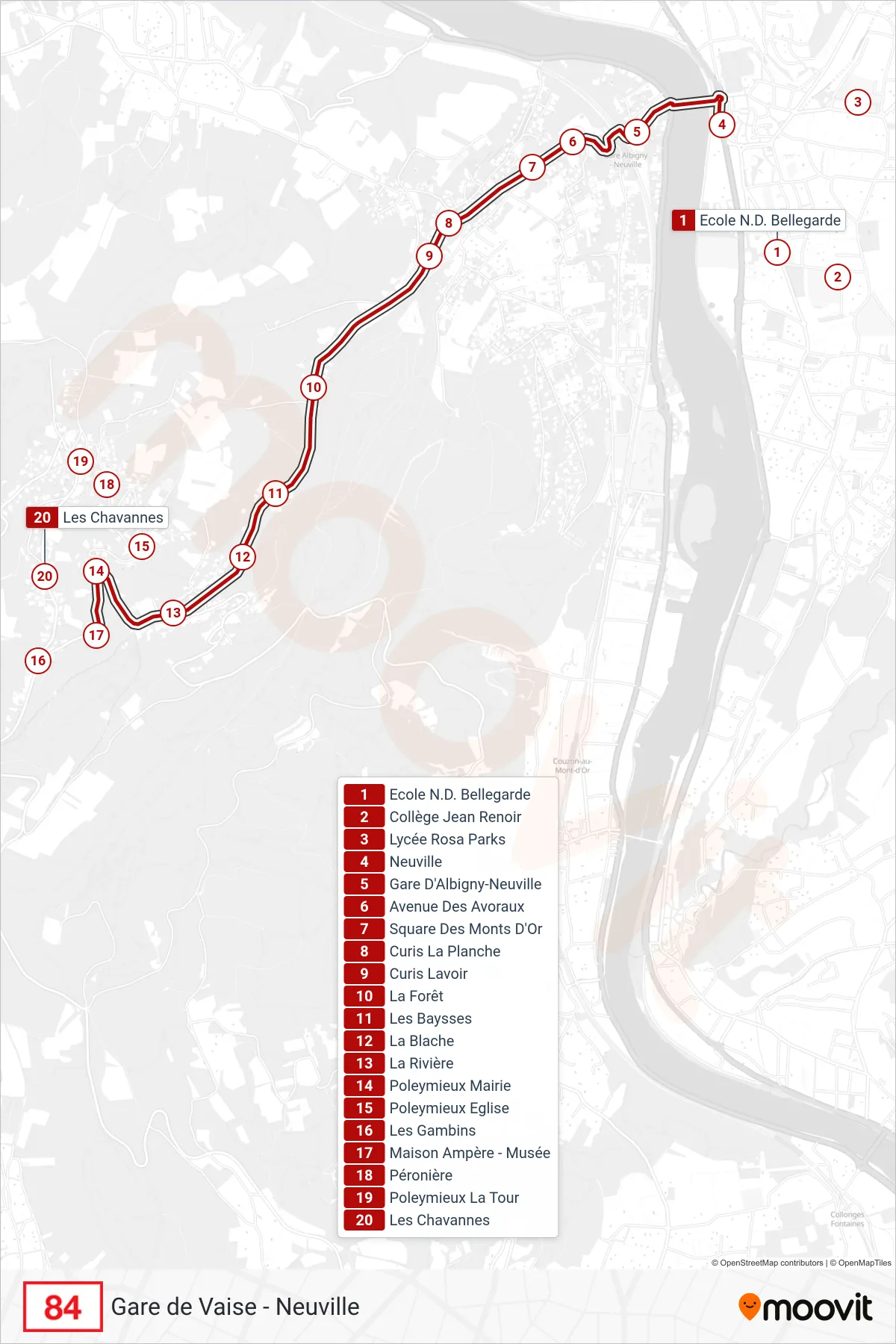 Tracé et arrêts de la ligne 84 de bus (Maison Ampère - Musée) sur une carte