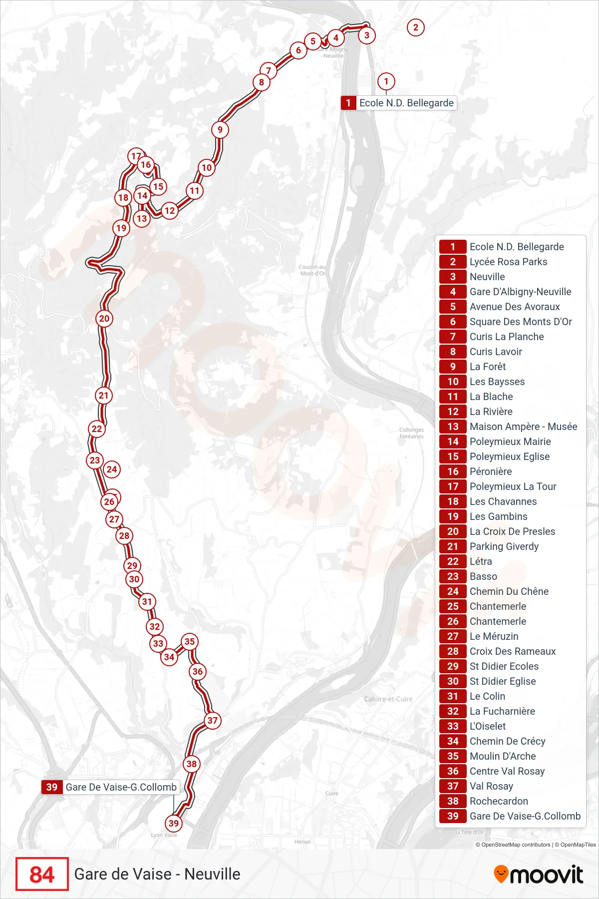 Tracé et arrêts de la ligne 84 de bus (Gare De Vaise-G.Collomb) sur une carte