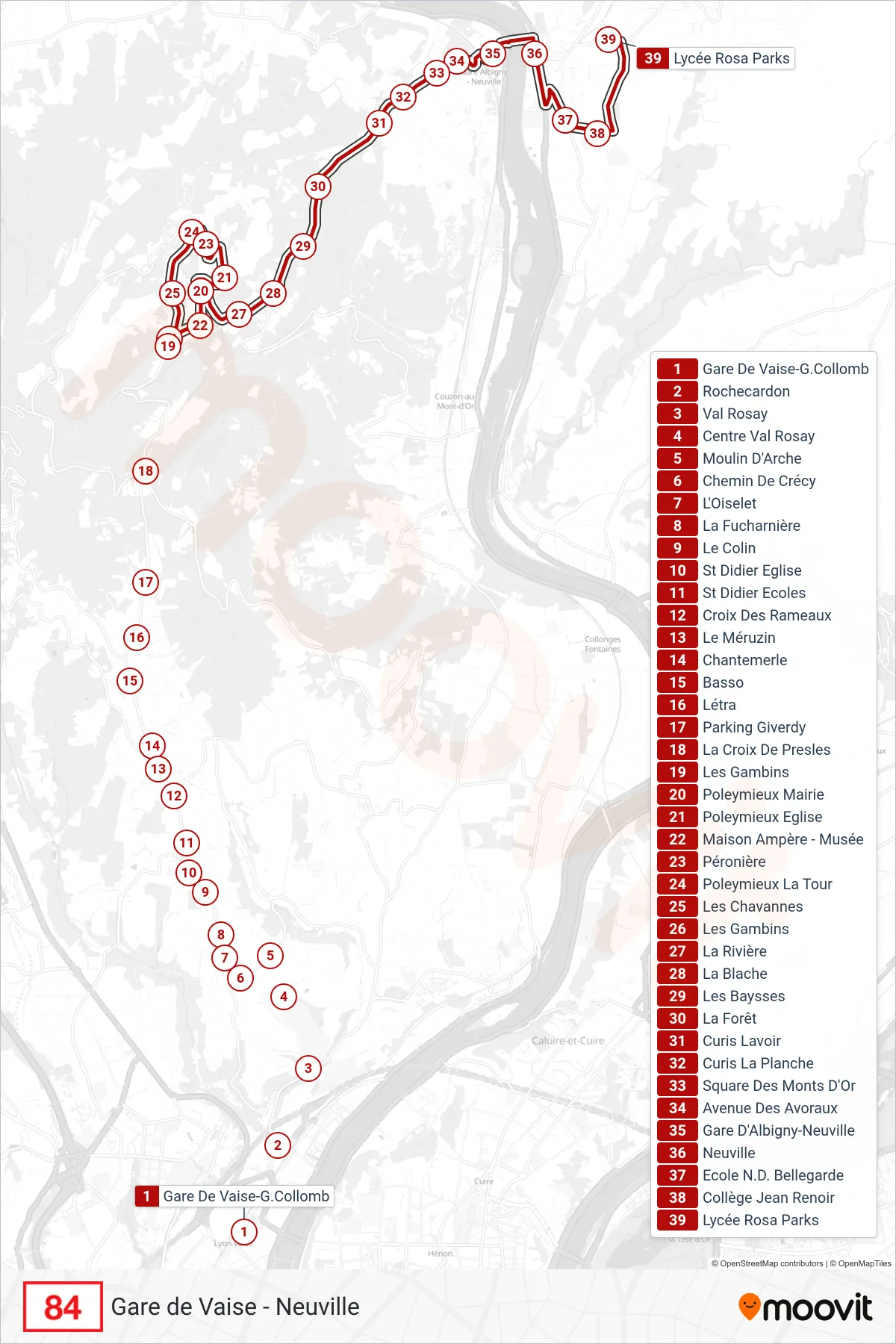 Tracé et arrêts de la ligne 84 de bus (Lycée Rosa Parks) sur une carte