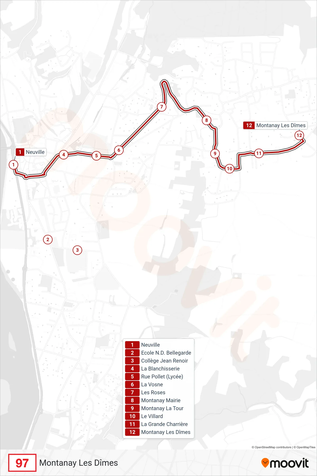 97 bus Line (Montanay Les Dîmes) route and stops on a map
