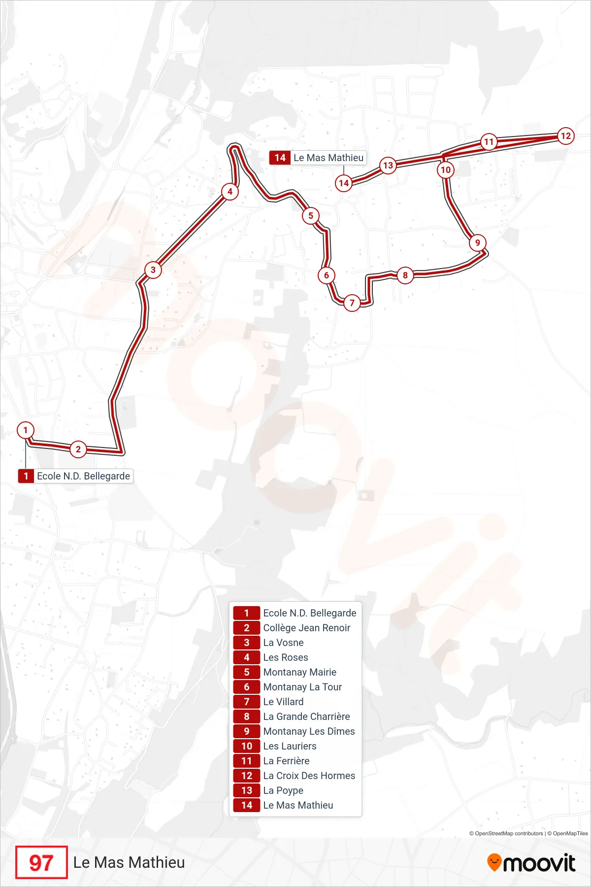 Tracé et arrêts de la ligne 97 de bus (Le Mas Mathieu) sur une carte