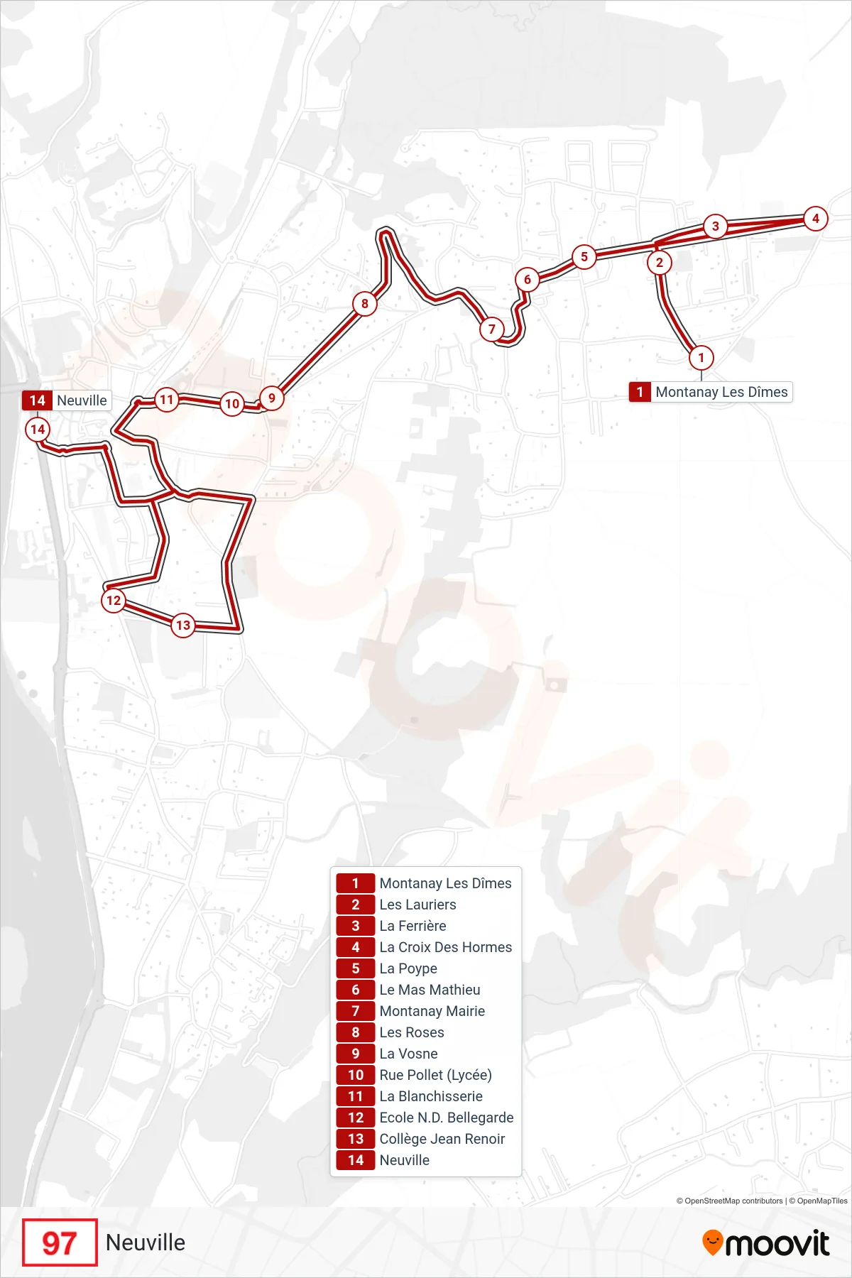 97 bus Line (Neuville) route and stops on a map