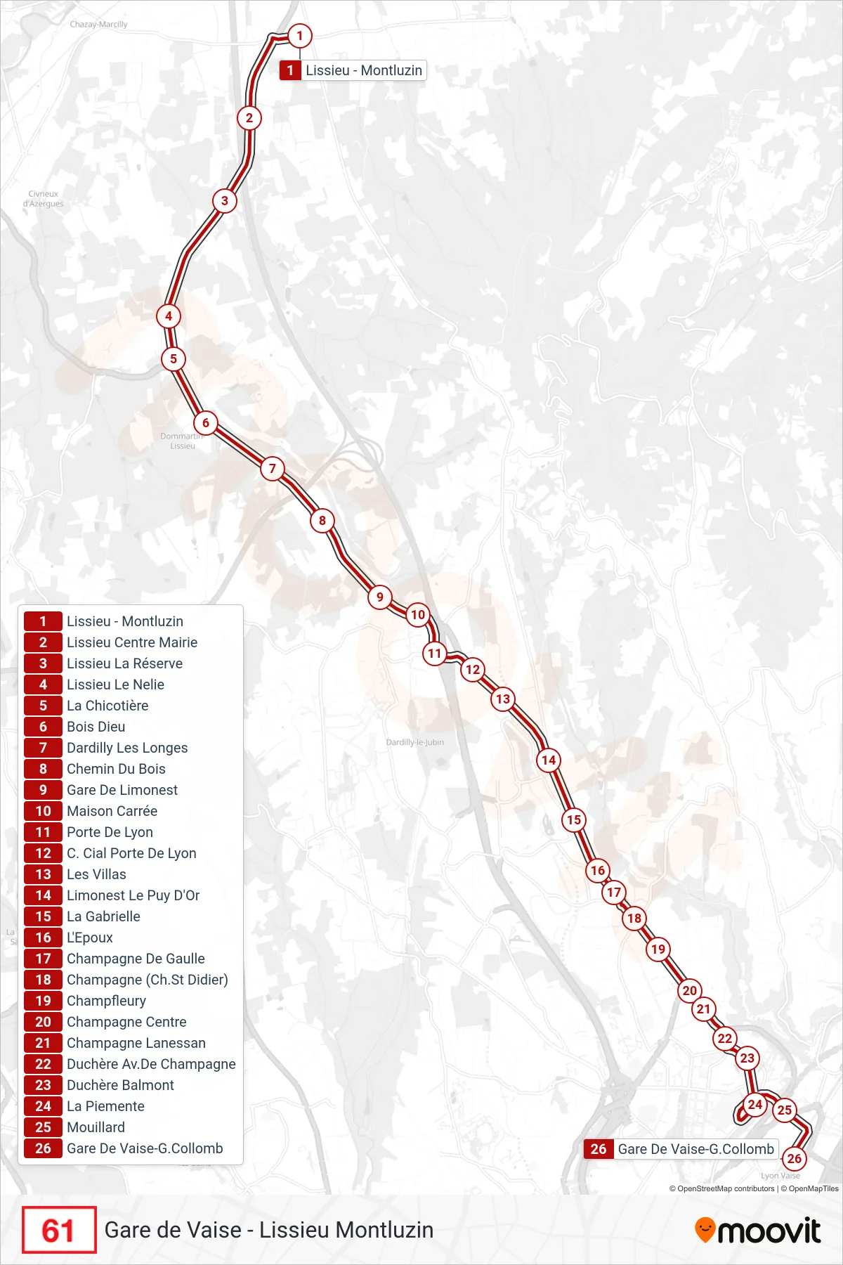 Tracé et arrêts de la ligne 61 de bus (Gare De Vaise-G.Collomb) sur une carte