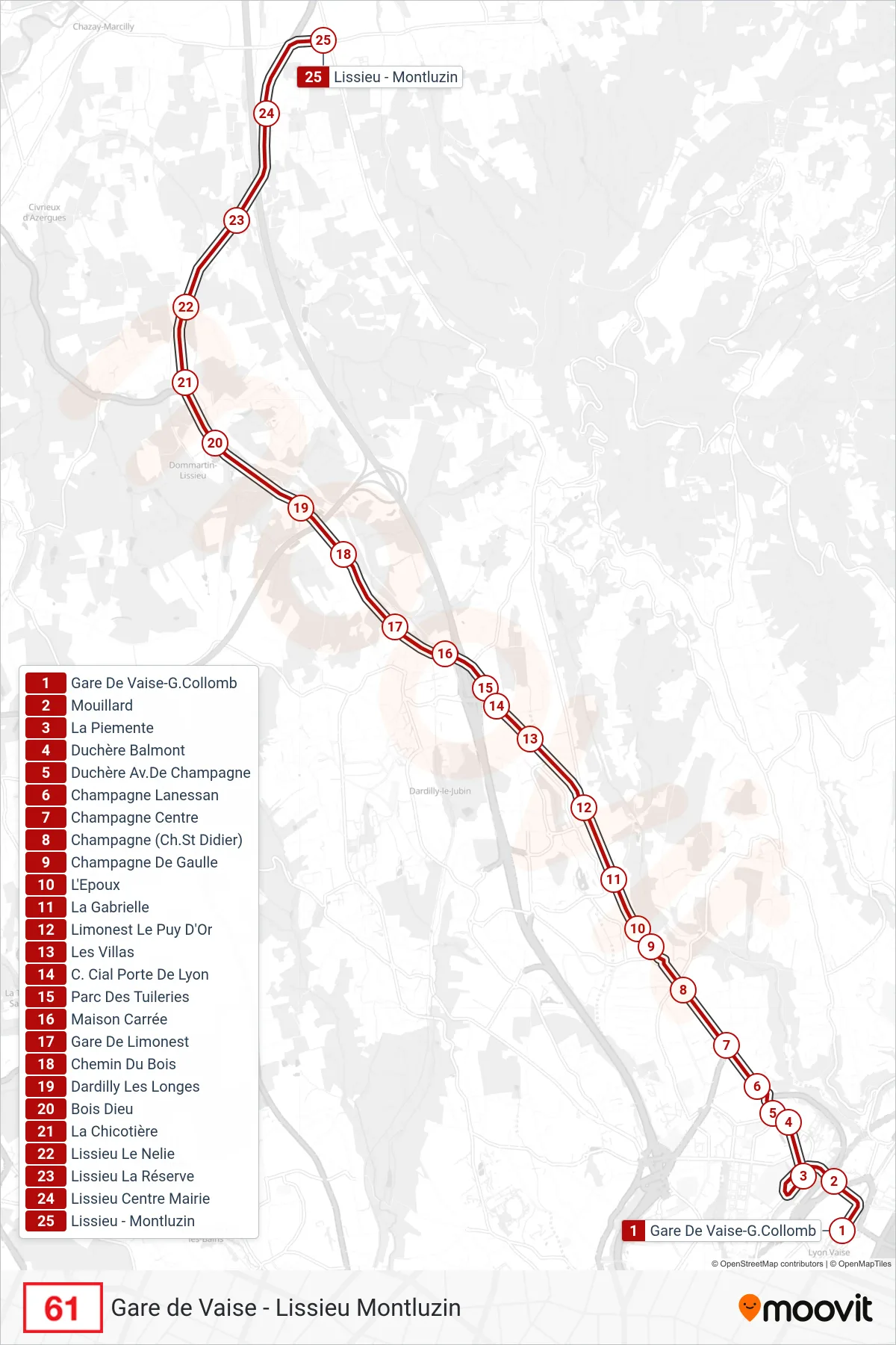 61 bus Line (Lissieu - Montluzin) route and stops on a map