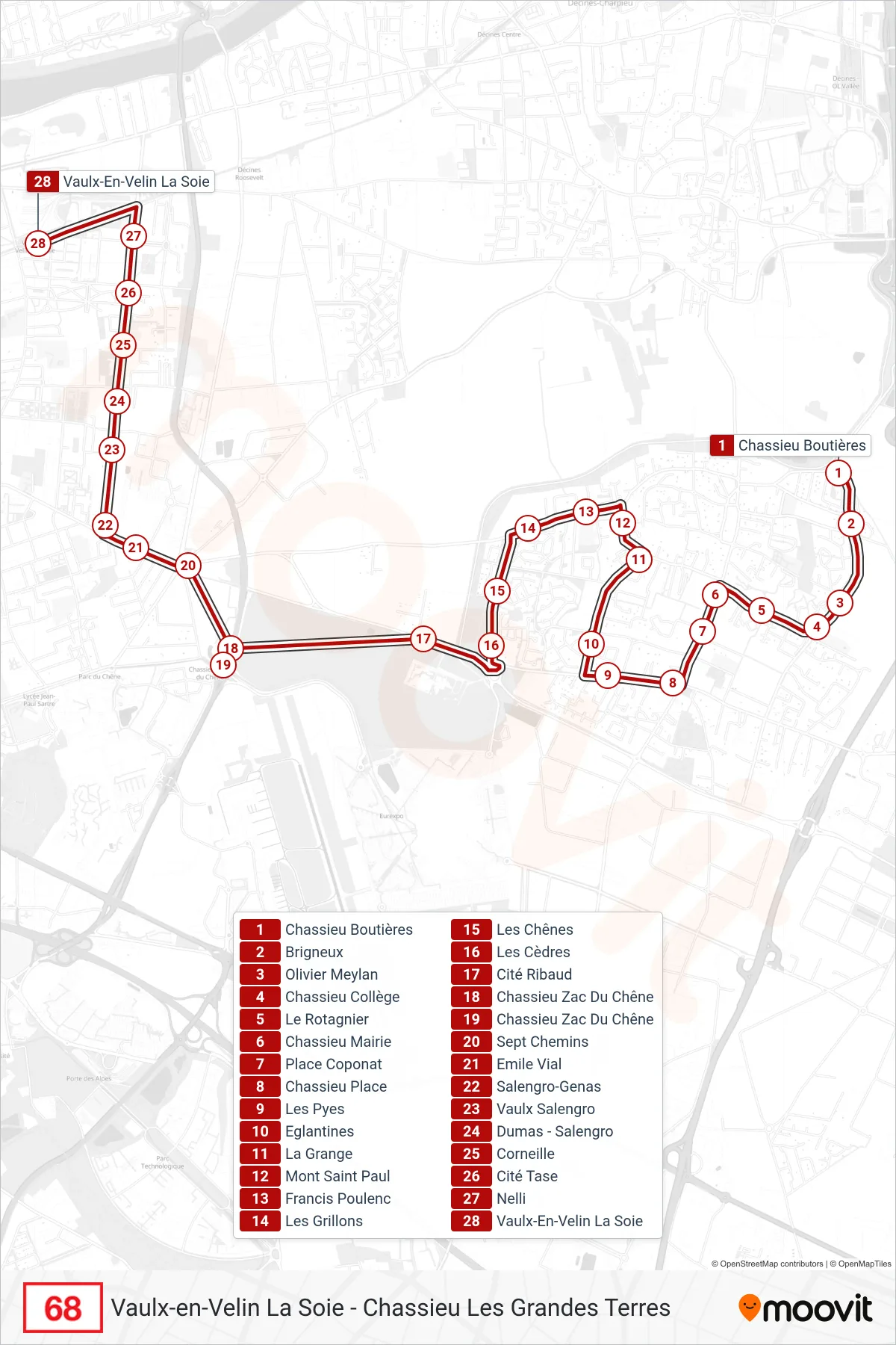 Tracé et arrêts de la ligne 68 de bus (Vaulx-En-Velin La Soie) sur une carte