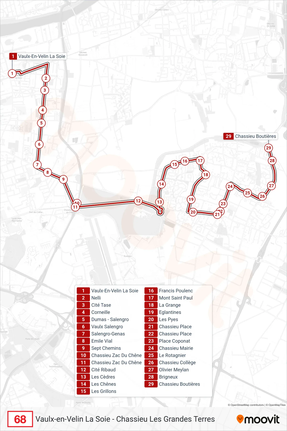 Recorrido y paradas de la línea 68 de autobús (Chassieu Boutières) en el mapa