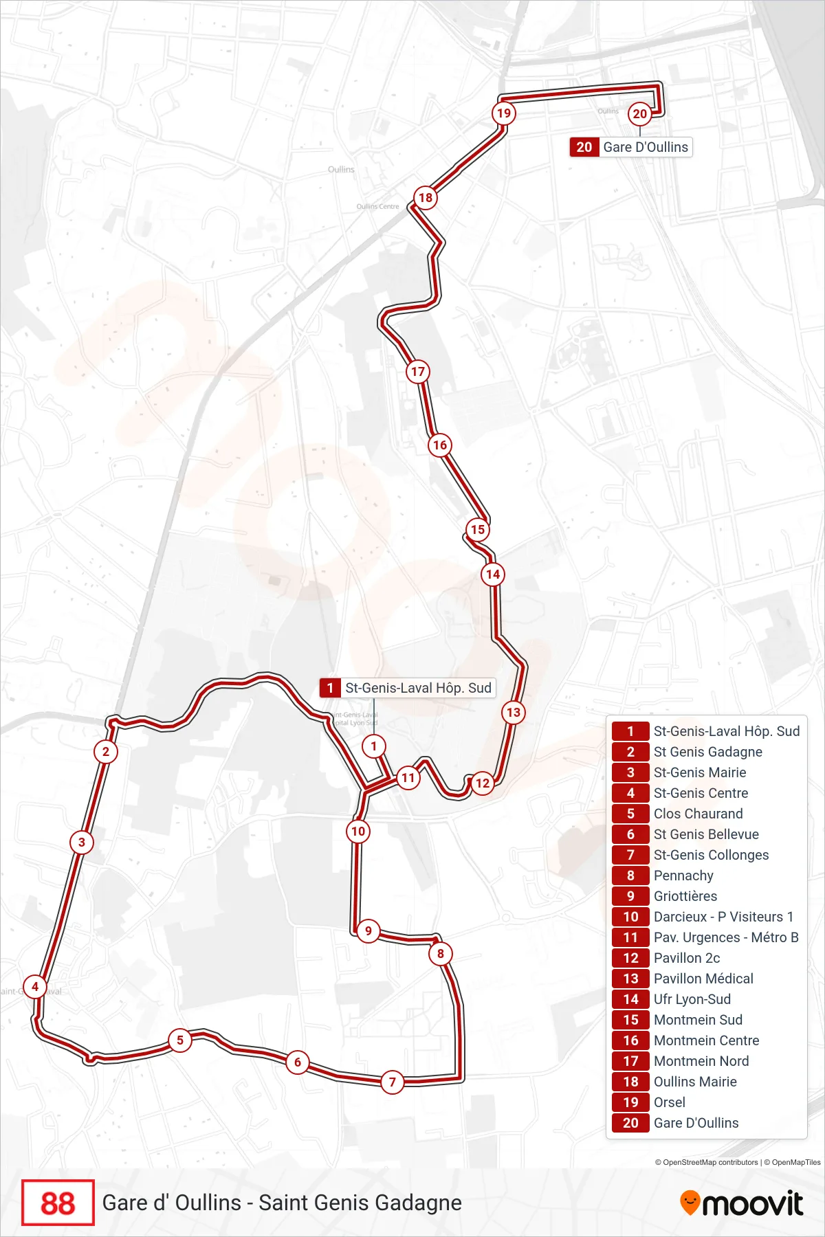 Tracé et arrêts de la ligne 88 de bus (Gare D'Oullins) sur une carte