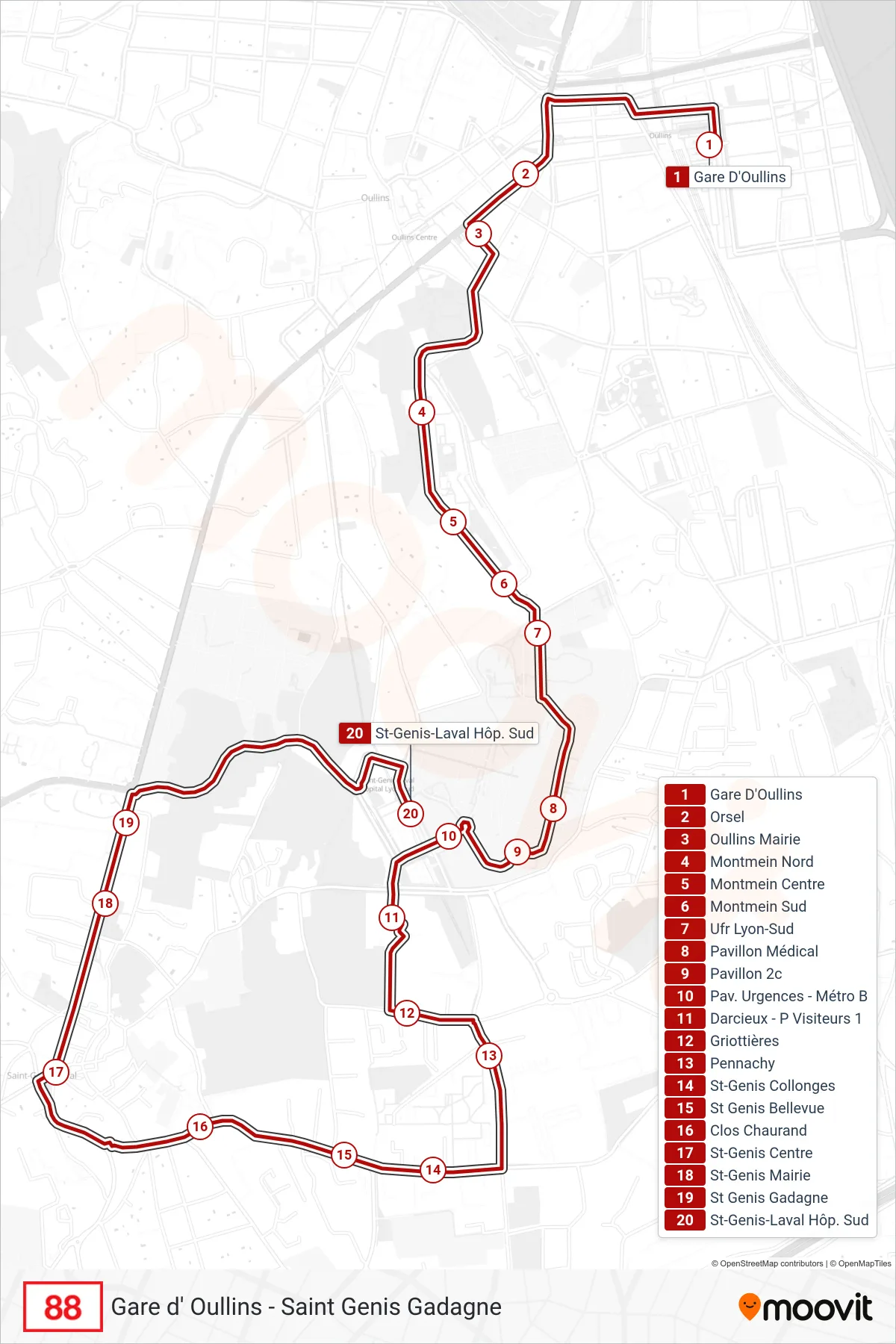 88 bus Line (St-Genis-Laval Hôp. Sud) route and stops on a map