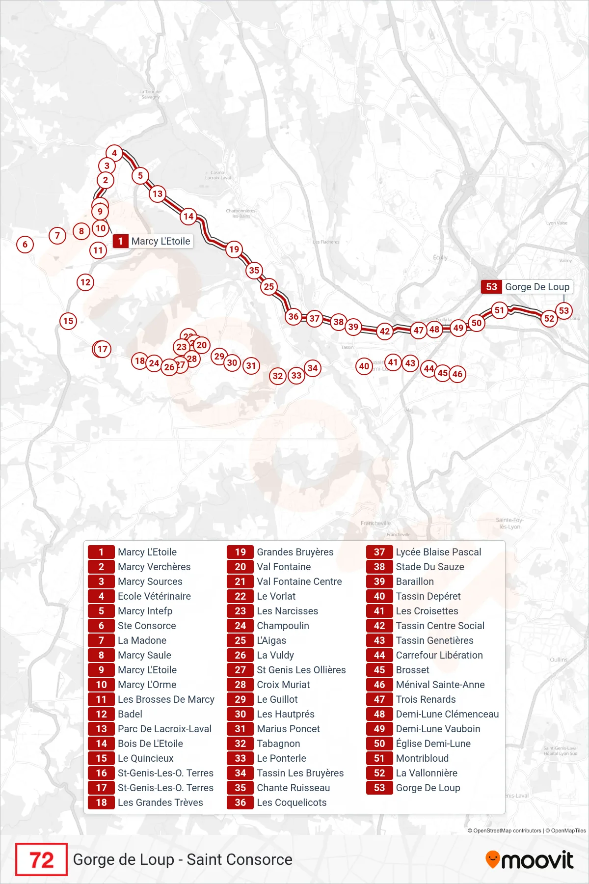 72 bus Line (Gorge De Loup) route and stops on a map