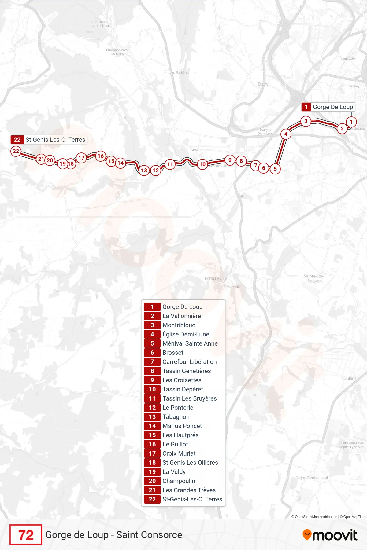 Tracé et arrêts de la ligne 72 de bus (St-Genis-Les-O. Terres) sur une carte