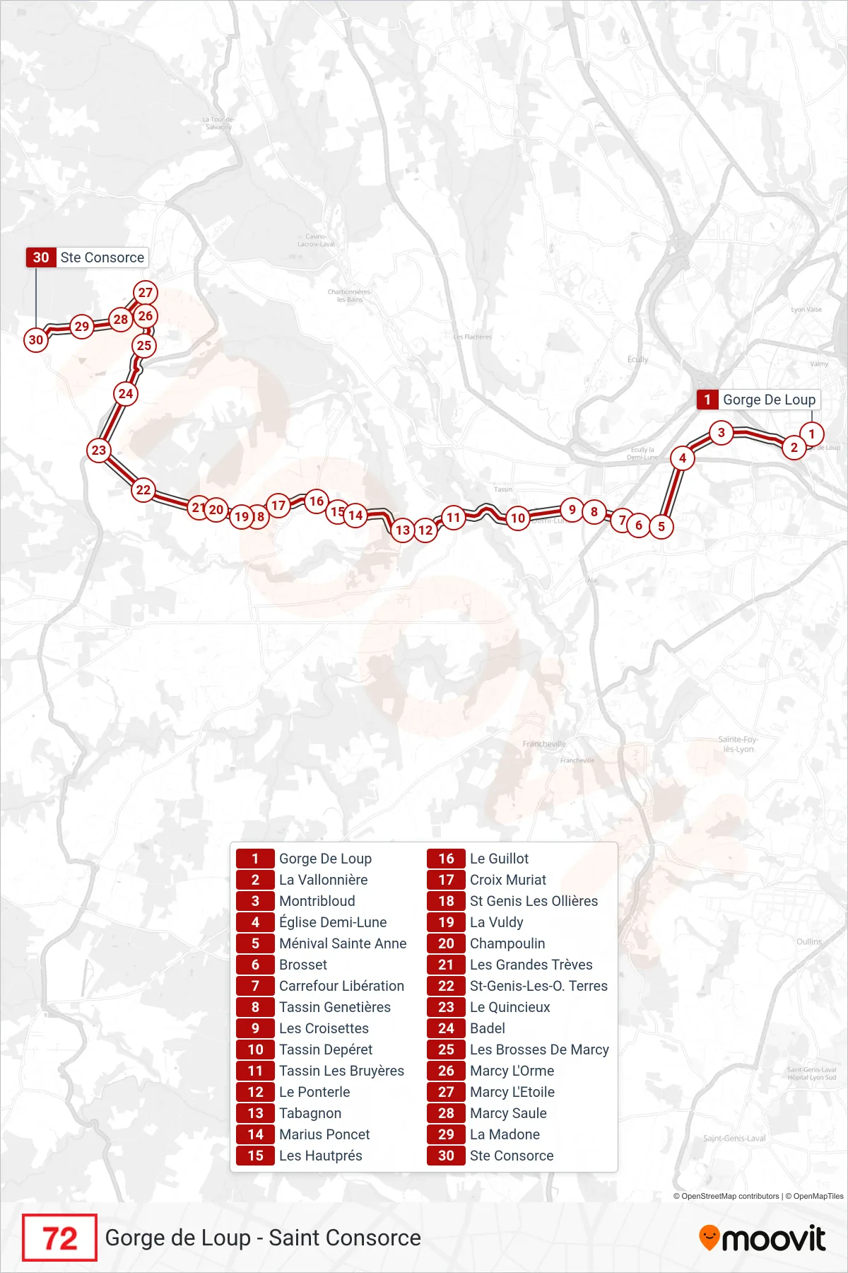 Tracé et arrêts de la ligne 72 de bus (Ste Consorce) sur une carte