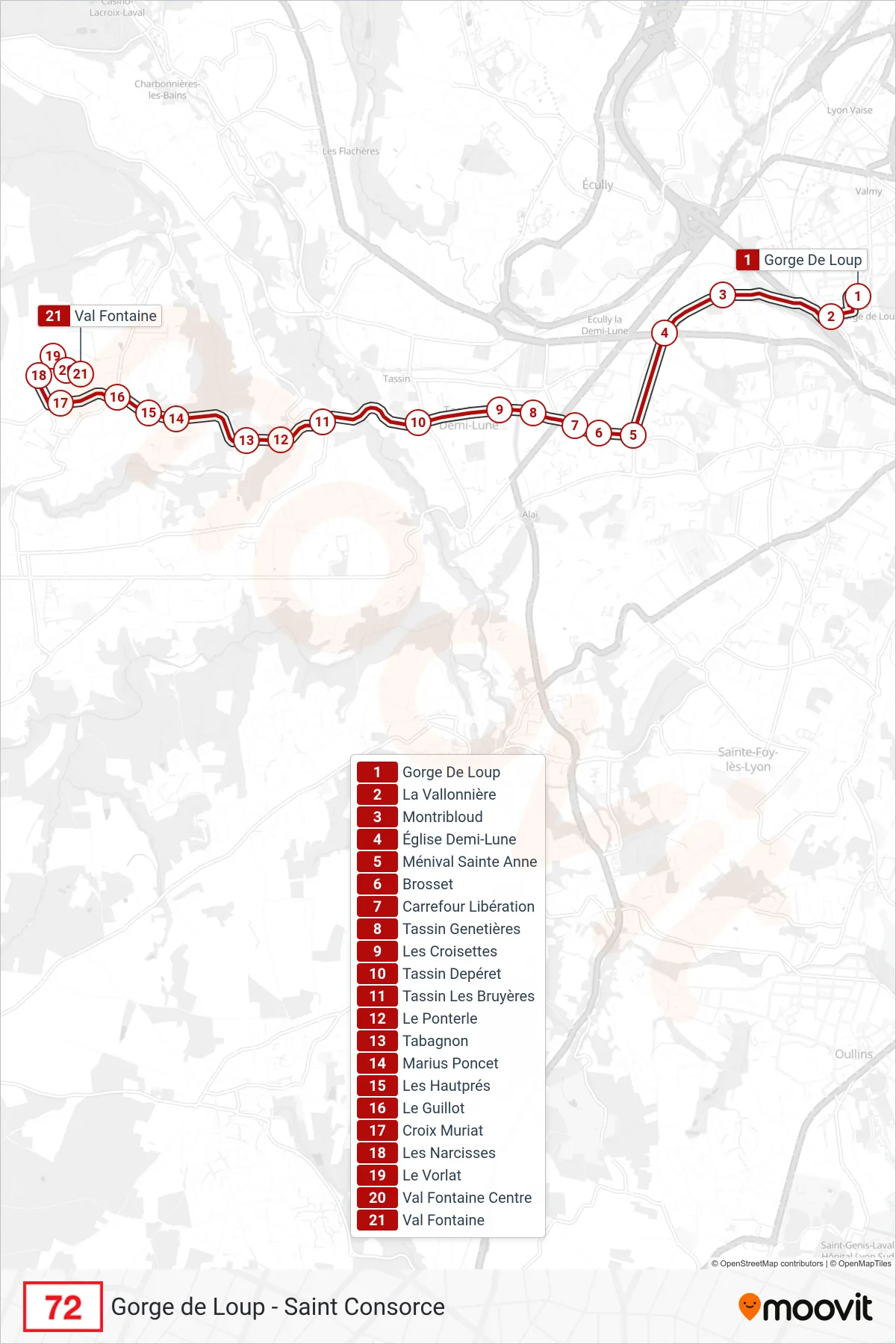 Tracé et arrêts de la ligne 72 de bus (Val Fontaine) sur une carte