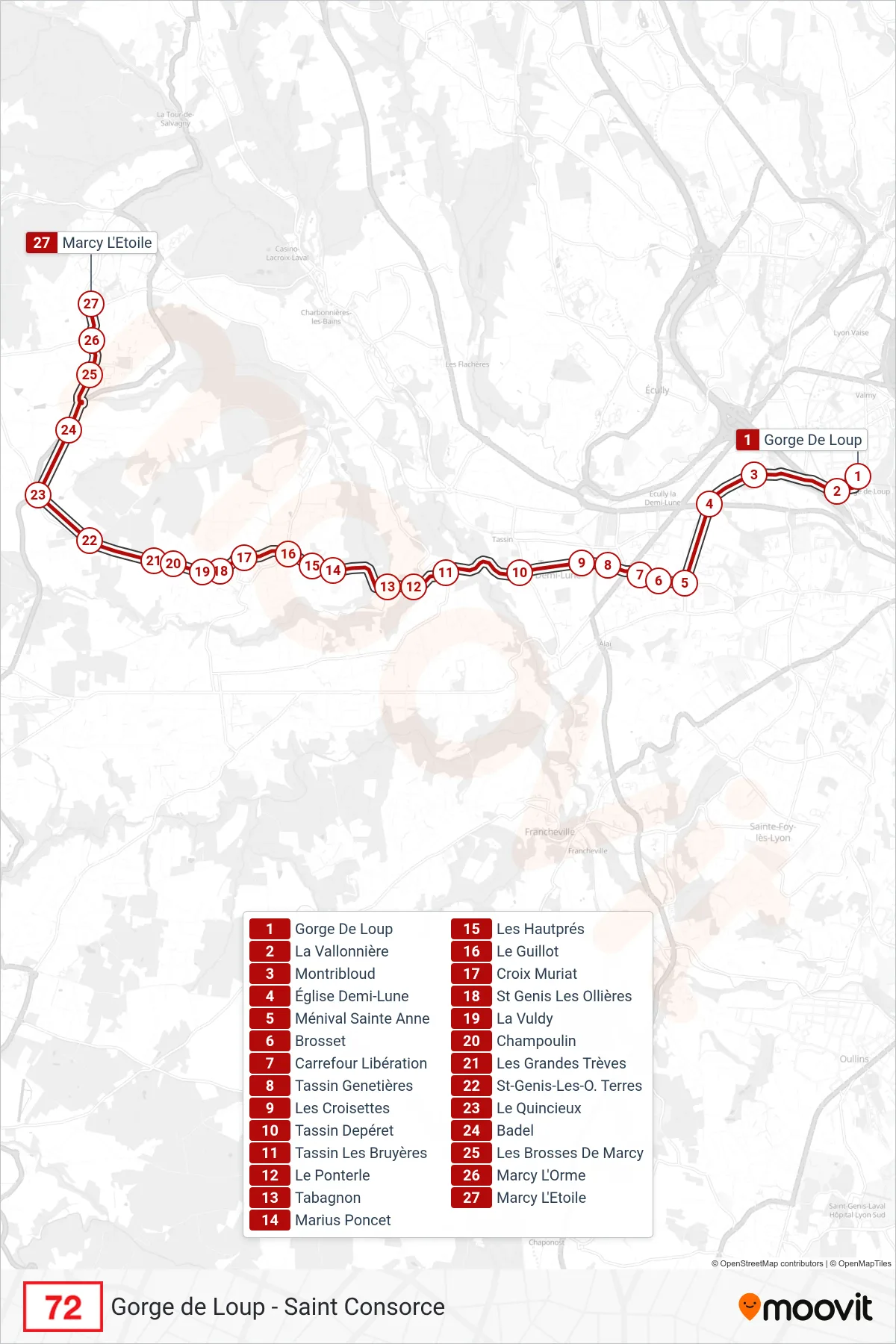Recorrido y paradas de la línea 72 de autobús (Marcy L'Etoile) en el mapa