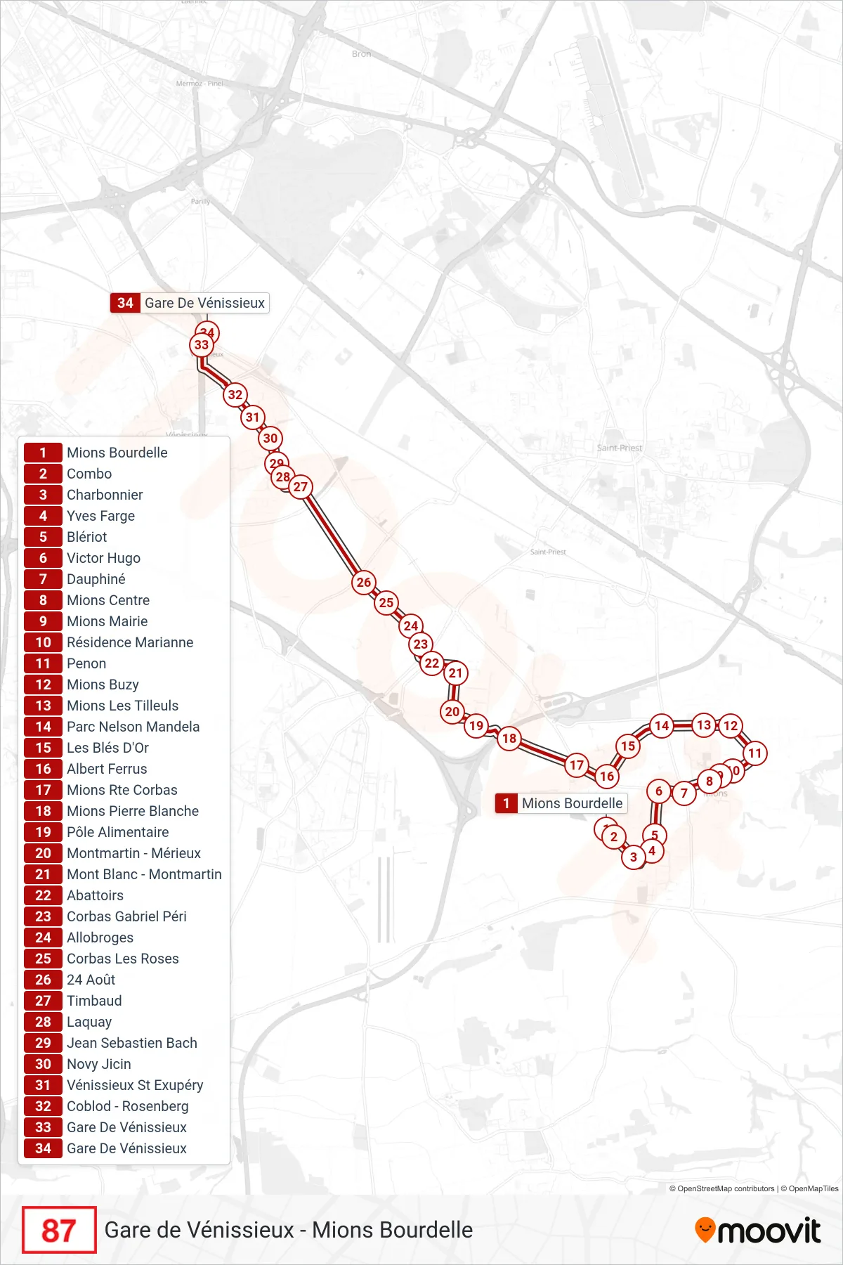 Tracé et arrêts de la ligne 87 de bus (Gare De Vénissieux) sur une carte