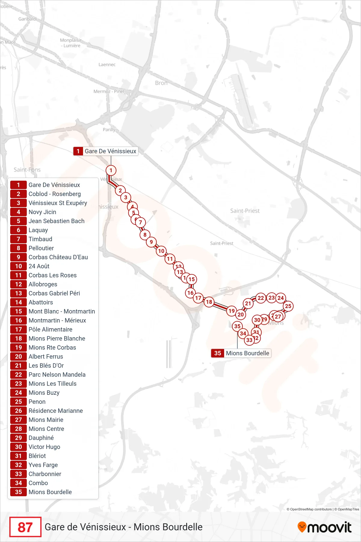 Tracé et arrêts de la ligne 87 de bus (Mions Bourdelle) sur une carte