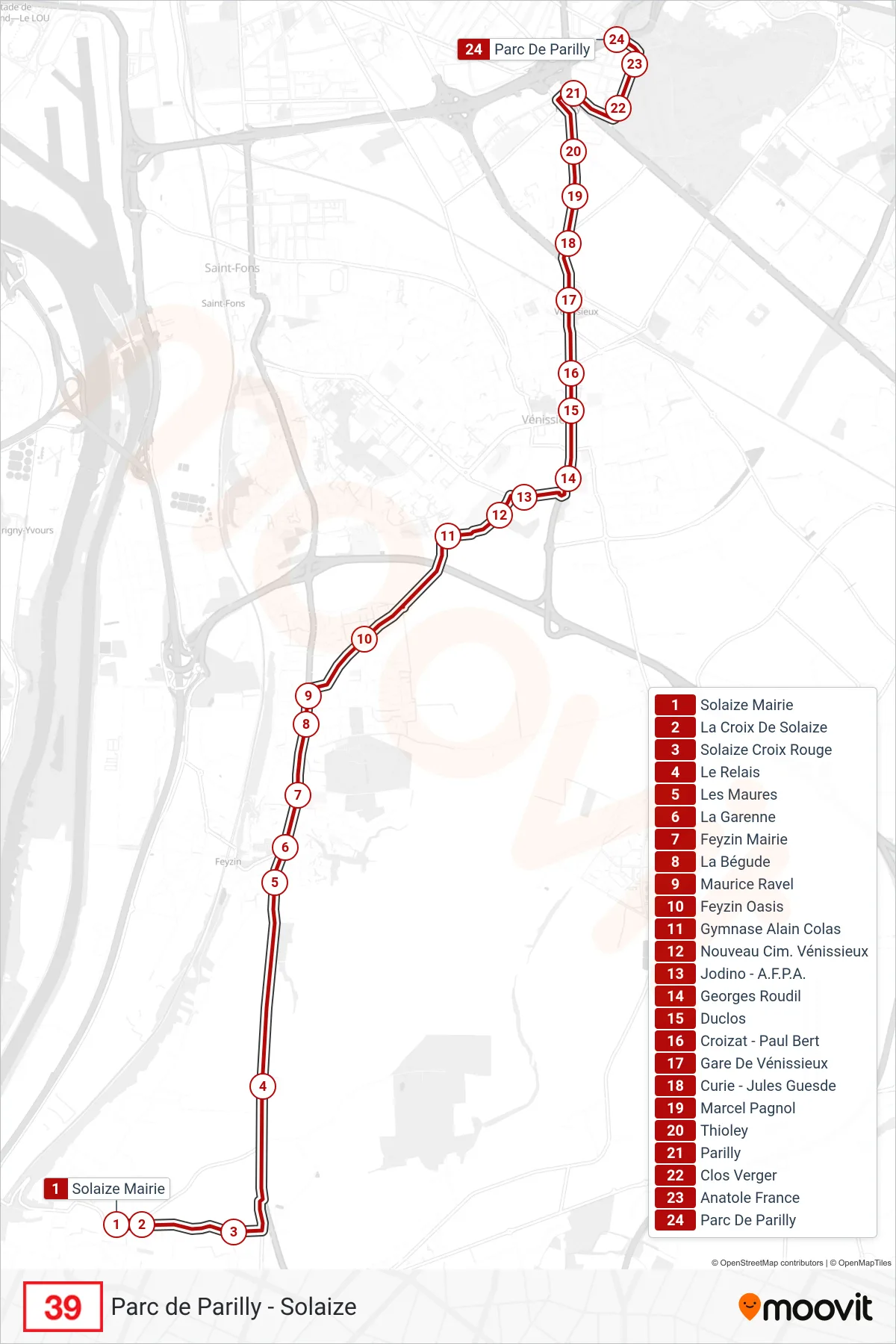 Recorrido y paradas de la línea 39 de autobús (Parc De Parilly) en el mapa