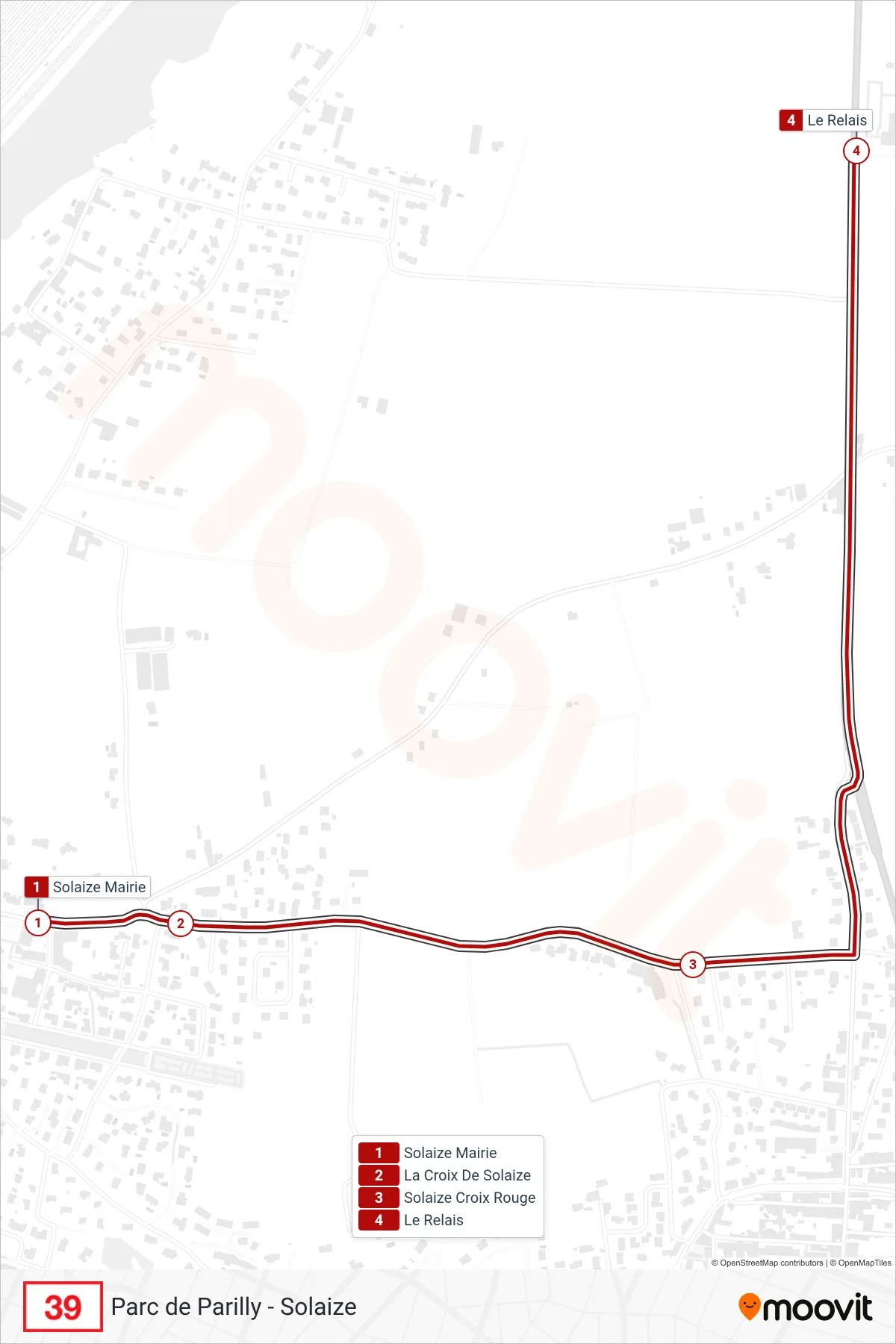 Tracé et arrêts de la ligne 39 de bus (Le Relais) sur une carte