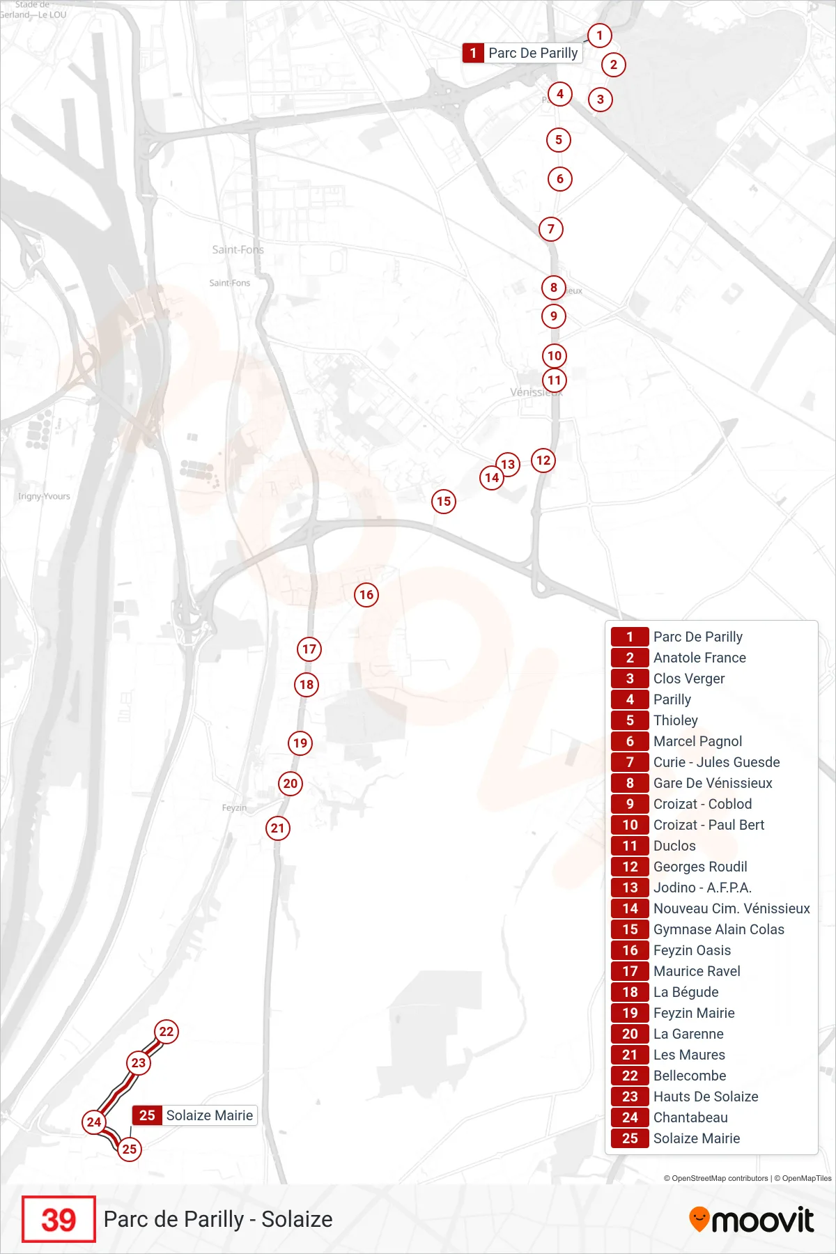 Tracé et arrêts de la ligne 39 de bus (Solaize Mairie) sur une carte