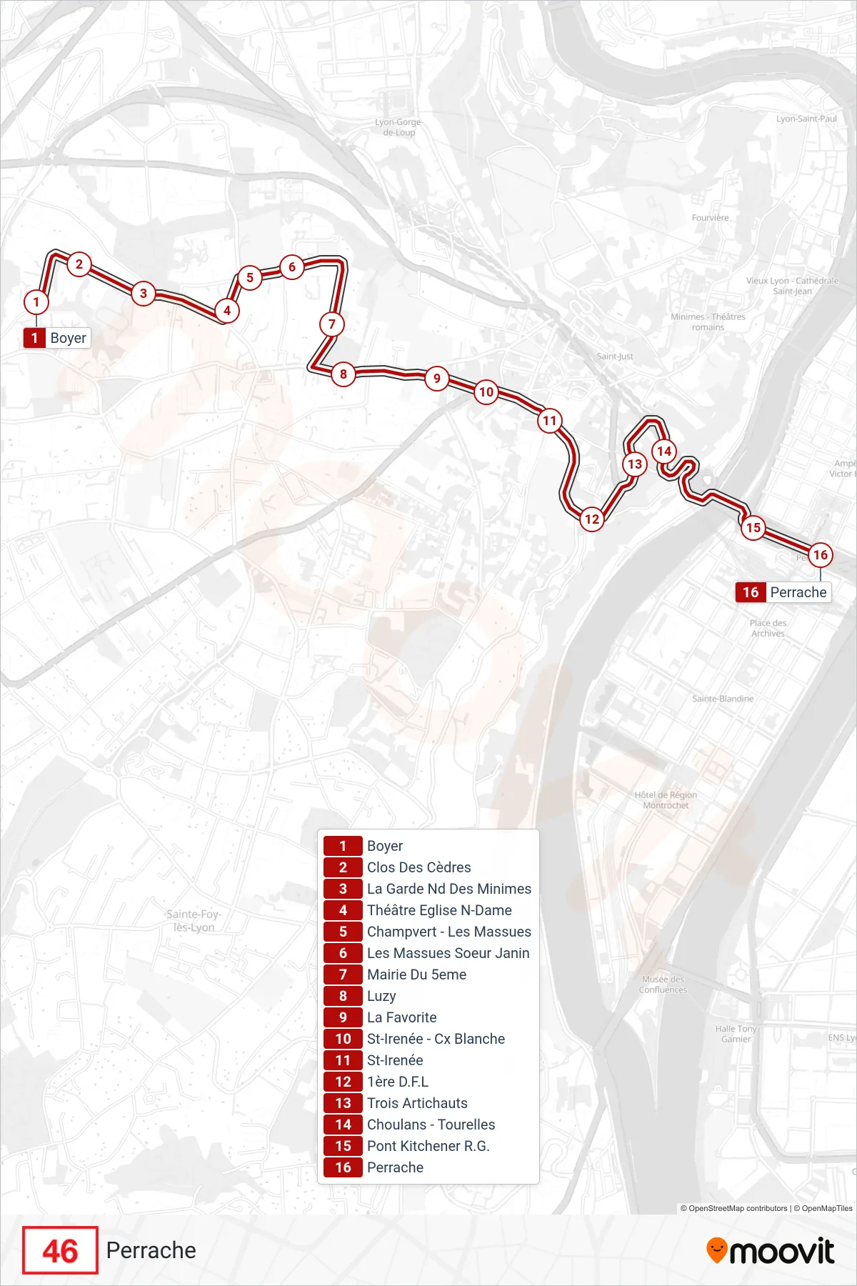46 bus Line (Perrache) route and stops on a map