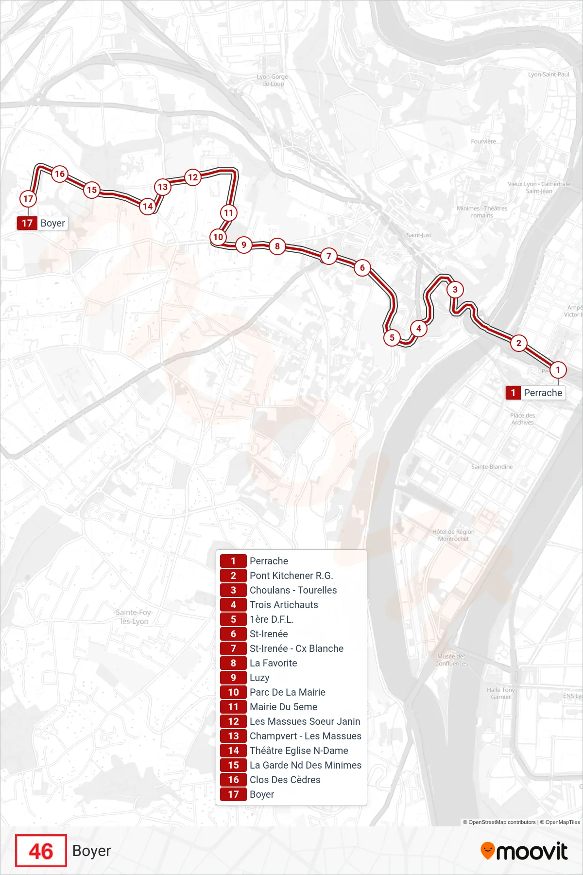 46 bus Line (Boyer) route and stops on a map