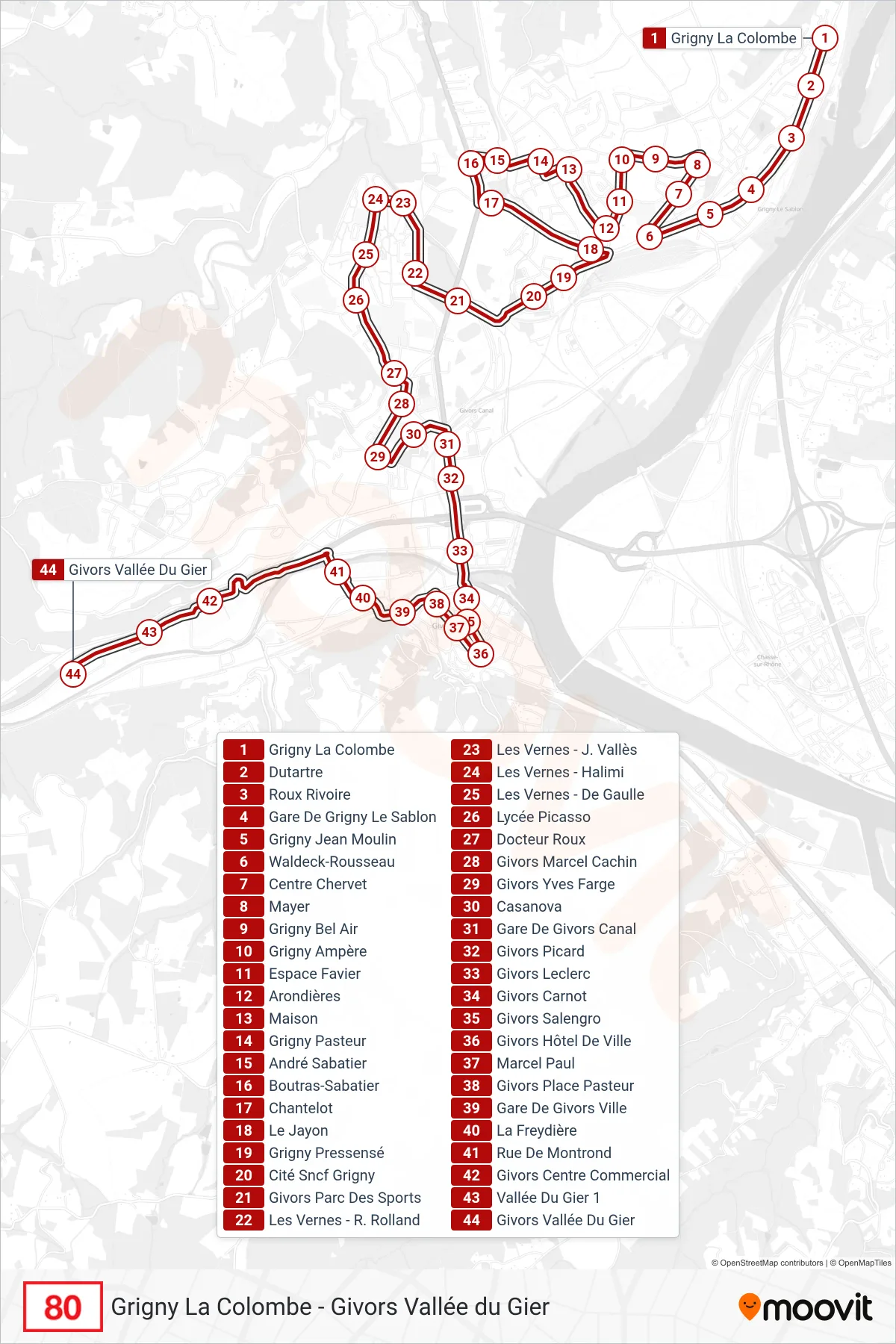 80 bus Line (Givors Vallée Du Gier) route and stops on a map