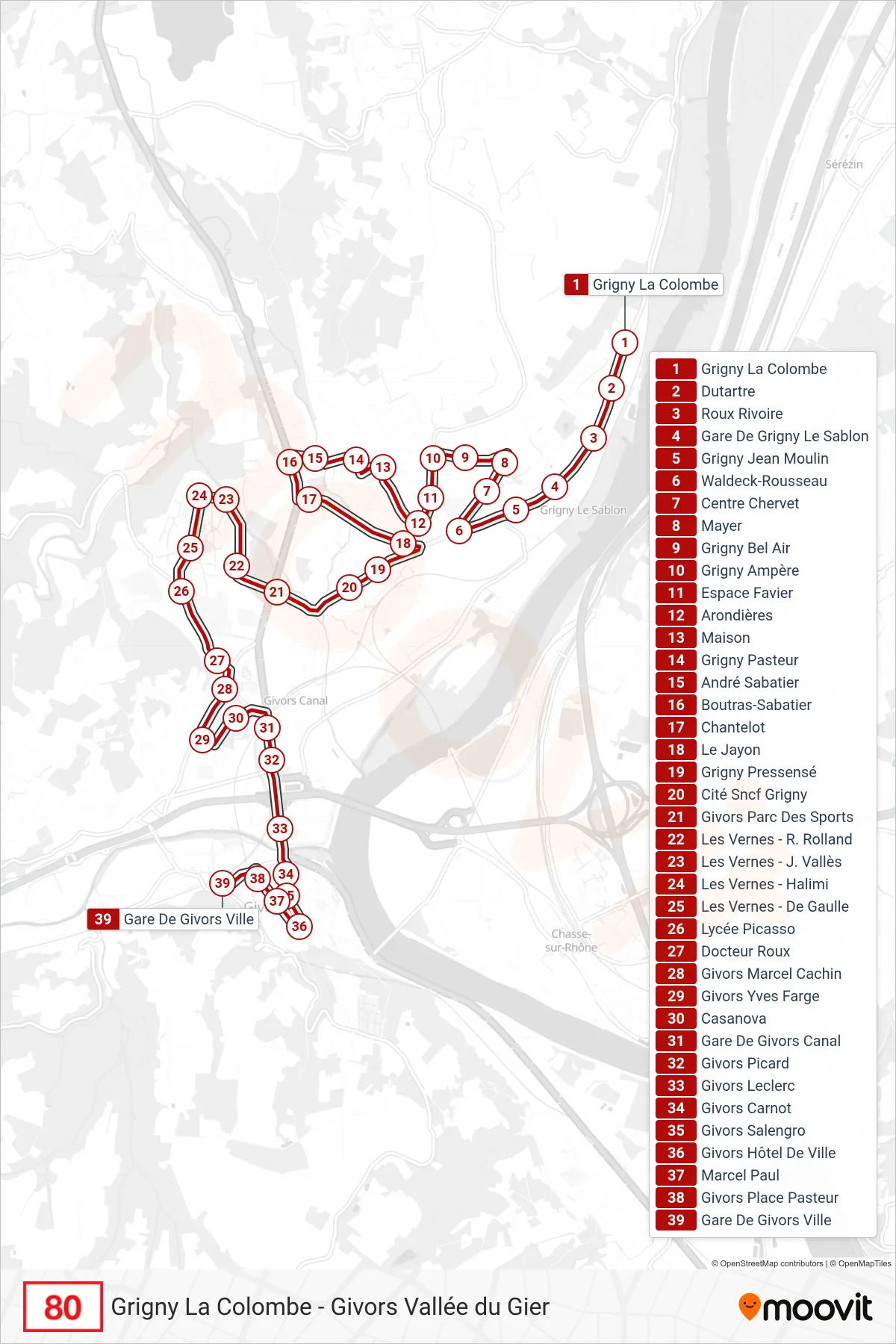 Tracé et arrêts de la ligne 80 de bus (Gare De Givors Ville) sur une carte