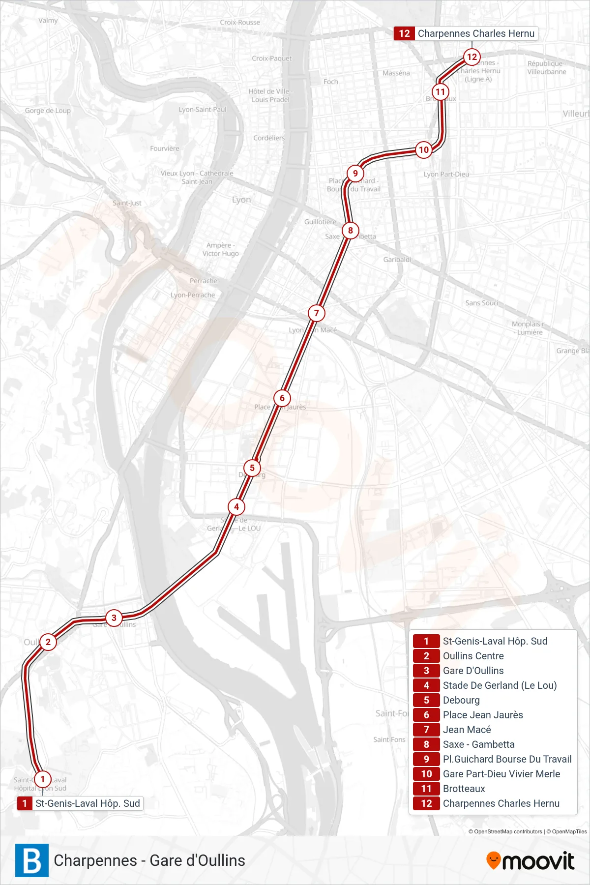Tracé et arrêts de la ligne B de métro (Charpennes Charles Hernu) sur une carte