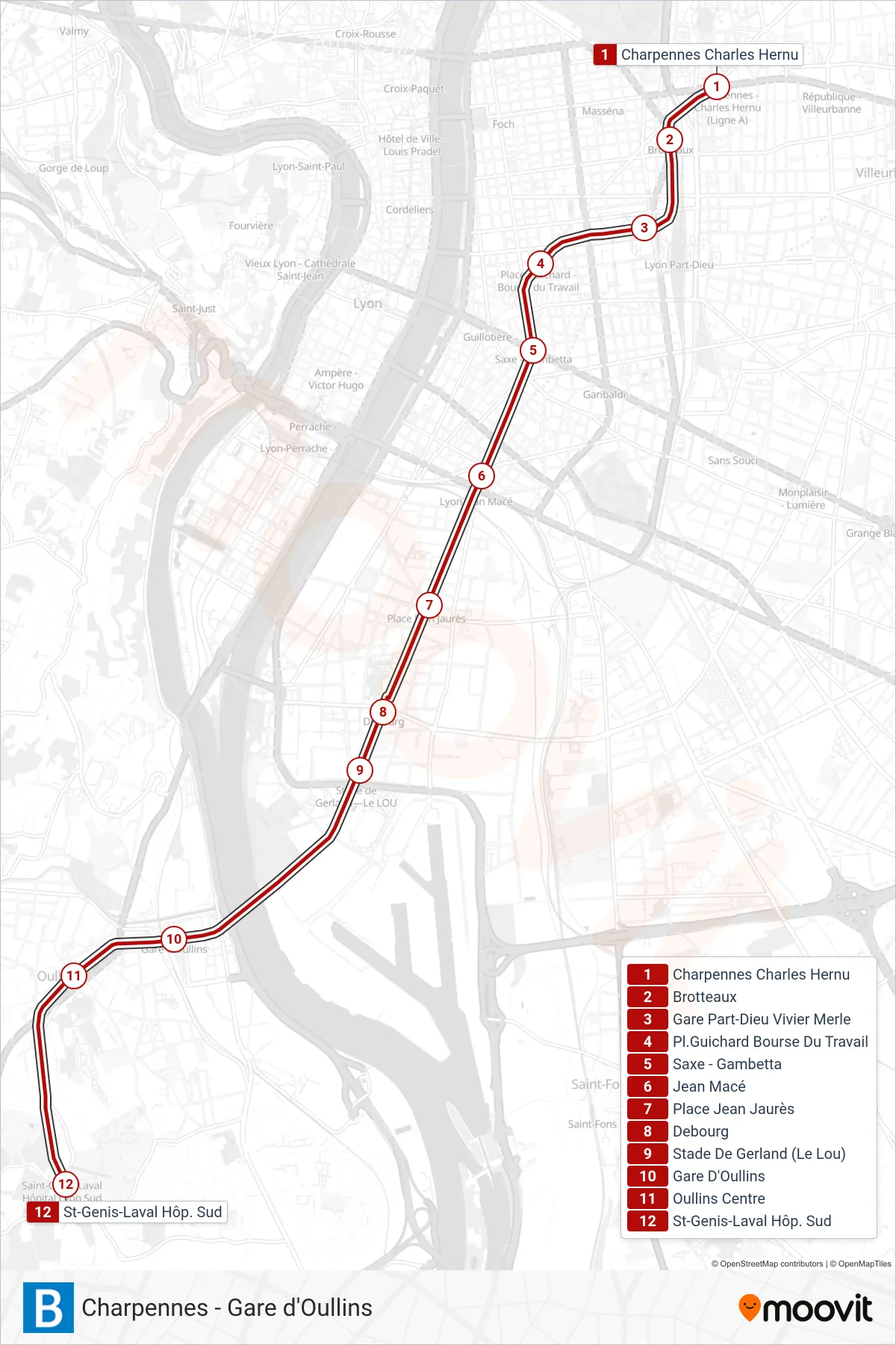 Tracé et arrêts de la ligne B de métro (St-Genis-Laval Hôp. Sud) sur une carte